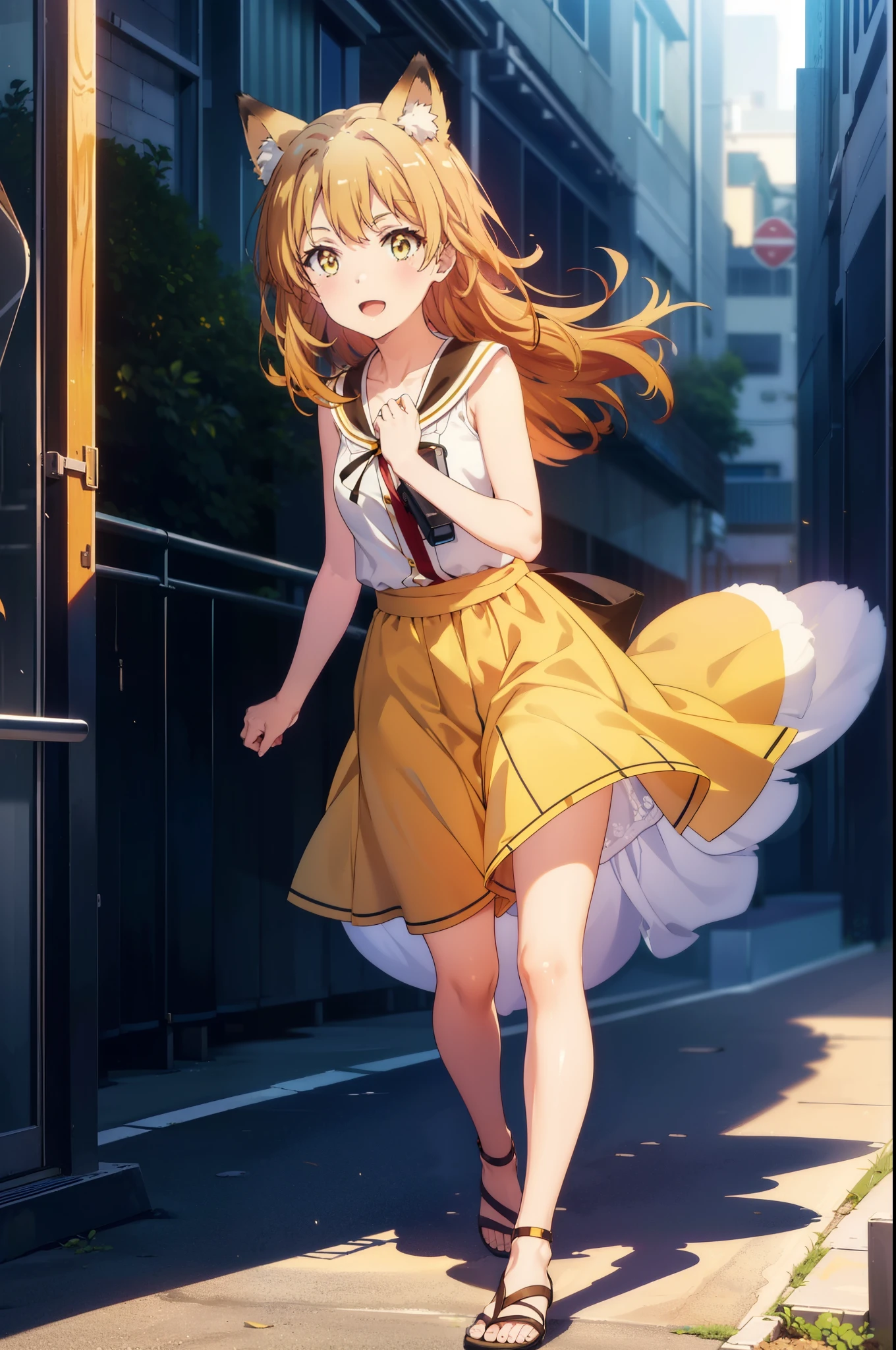 Irohaisshiki, isshiki iroha,Long Hair, Brown Hair, (Brown eyes:1.5), happy smile, smile, Open your mouth,animal(Fox Ears,Fox tail),Yellow sleeveless dress,Yellow long skirt,Cute Sandals,Carrier,background（Ships at anchor）,port,My hair is blowing in the wind,Holding her hair with her right hand,whole bodyがイラストに入るように,Are standing,morning,morning陽,The sun is rising,
break outdoors, port,Ocean,
break looking at viewer,whole body,
break (masterpiece:1.2), Highest quality, High resolution, unity 8k wallpaper, (shape:0.8), (Beautiful and beautiful eyes:1.6), Highly detailed face, Perfect lighting, Highly detailed CG, (Perfect hands, Perfect Anatomy),