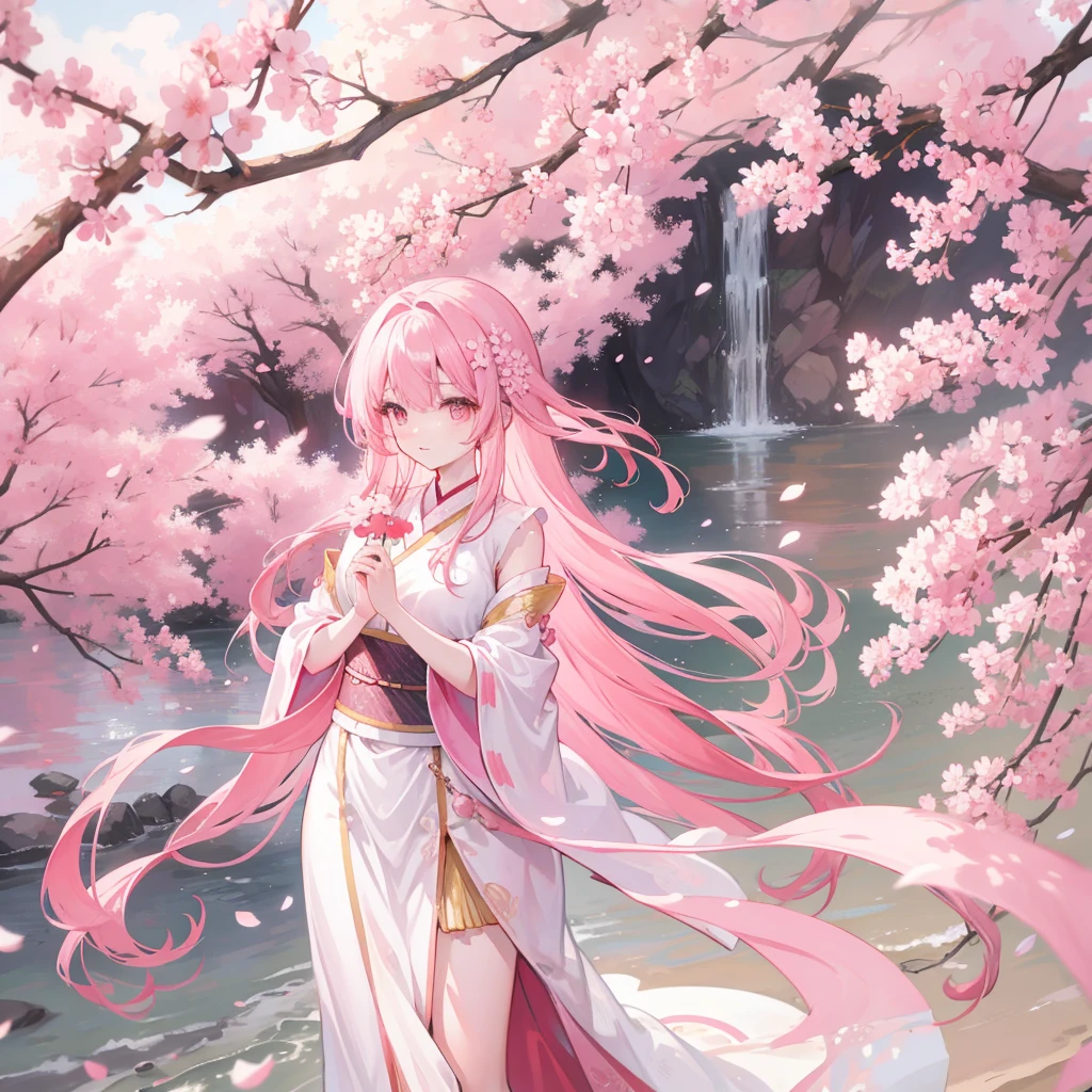 Pink straight hair,Wearing pale pink Han national costume,Holding a branch of cherry blossoms,background, Beautiful cherry blossom trees are in full bloom,She is a kind person, cute, Slender and cute girl