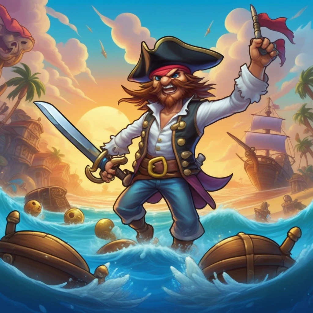 pirate sword , mobile game art, banner, detailed game art, stylized game art, game illustration, splash screen art, full card design, wallpaper!, extended art, saturated colorful, game item