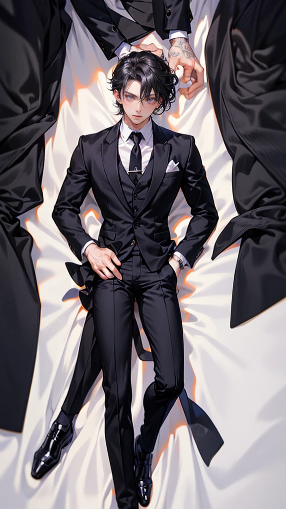 (8K, hight resolution, ultra-detailliert), Gay Couple,​masterpiece, top-quality, 2Others, Male couple, anime handsome man, black shirt and formal pants, black hair, gray eyes, tattooes, slim, black gloves,2men,only men,thin body