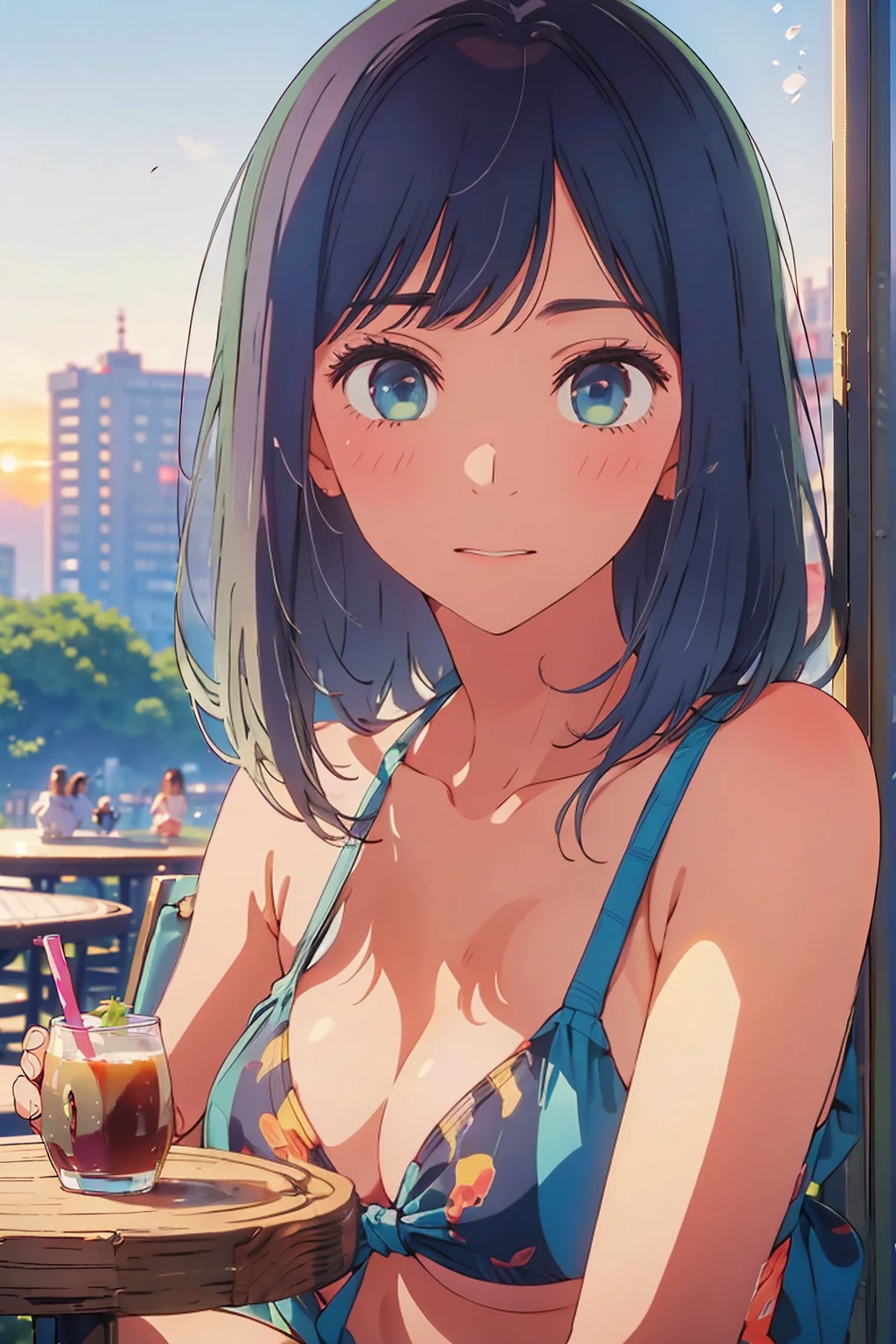 (Highest quality:1.4、masterpiece:1.4、Super detailed:1.4、8K:1.4)、F cup bust、Big Breasts、Slim body、((((1 person、Surprised expression、sit、In the background are the urban buildings of Tokyo、looking at the camera、Outdoor café terrace、Sunset Beach、Navy hair color、juice、table、sunset、Very cute face))))、((nude、Areola、bikini size too small))、Big eyes、((((Shallow depth of field))))