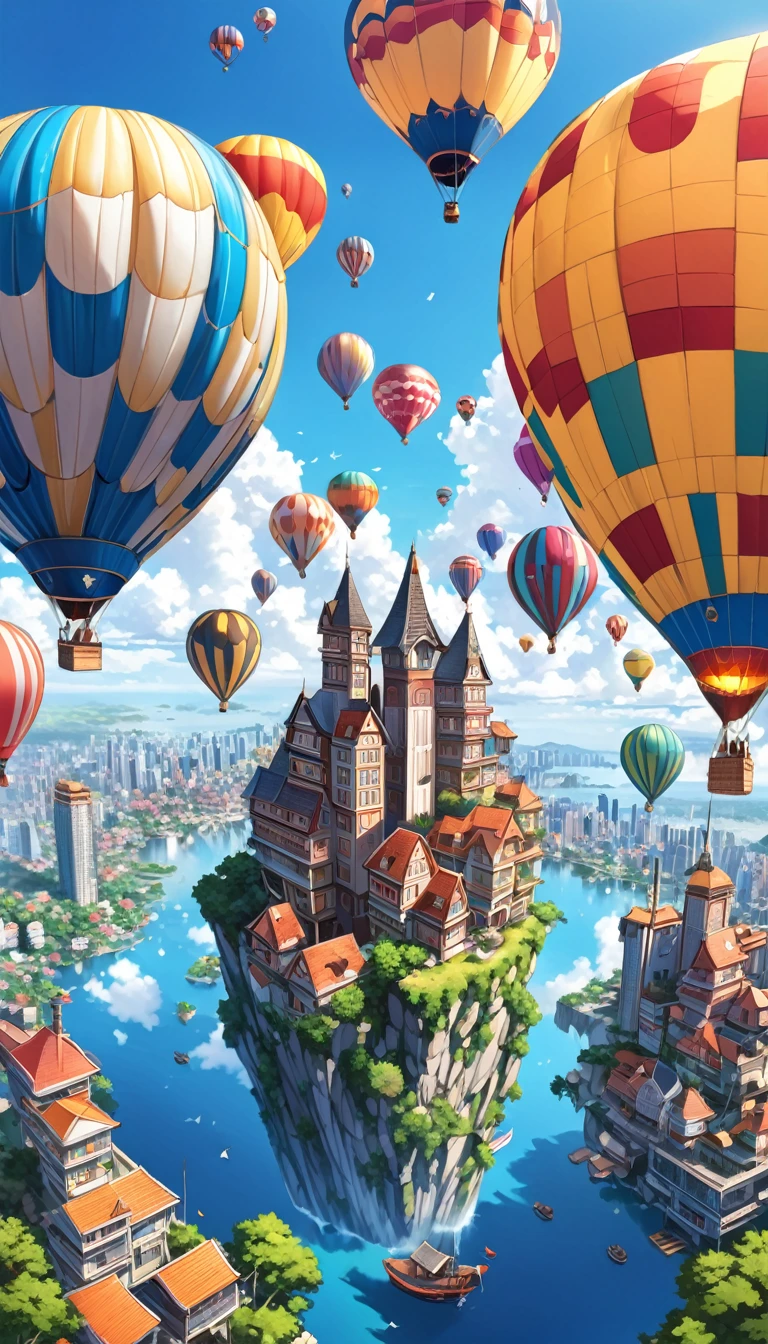 Illustration of a floating city, Colorful hot air balloons float in the sky,A small island in the distance々、(Highest quality, 4K, 8K, High resolution, masterpiece:1.2), Super detailed, (Realistic, photo-Realistic, photo-Realistic:1.37), Anime Style, Vibrant colors, Vivid, Eye-catching, From modern skyscrapers to quirky buildings、Various buildings stand side by side。, Fantasy architecture. I&#39;ll depict lush greenery and a waterfall cascading from an island into the clouds below.. The sky is clear blue、Fluffy white clouds should surround the city..Man crossing the bridge々,  Birds are flying around. The overall atmosphere should be upbeat., Calm, Magical, Capture the vibrancy and wonder of aerial cityscapes. Symbolic Representations, Textured Backgrounds, commercial, Digital display, to attract attention, Vibrant