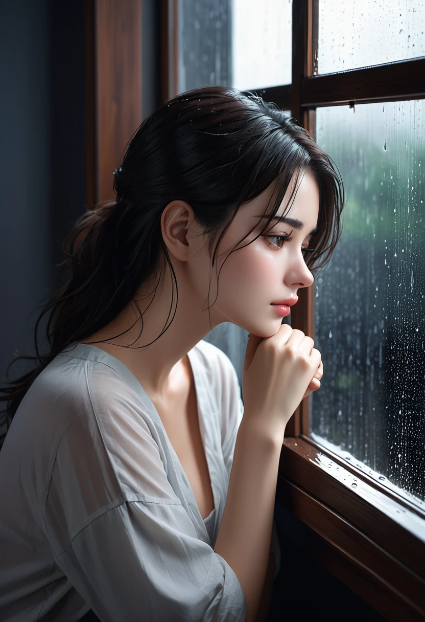 masterpiece, high-quality, a beautiful woman, resting her chin on her hands and looking out the window, humid and sweating, listless look, a little dark room, It's raining outside the window