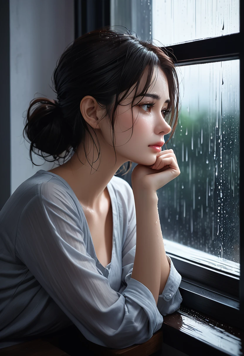 masterpiece, high-quality, a beautiful woman, resting her chin on her hands and looking out the window, humid and sweating, listless look, a little dark room, It's raining outside the window