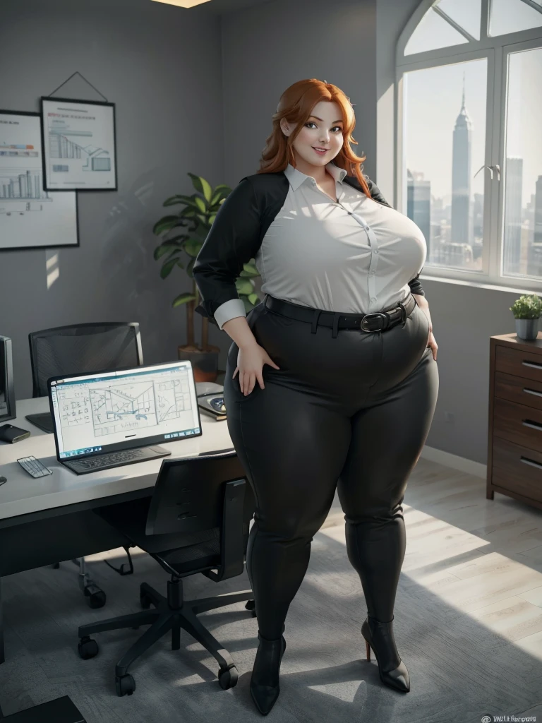 A happy and excited photo of a Beautiful ginger architect SSBBW, with long wavy light Brownish-ginger hair, with big soft fat belly, thicc fat arms, thicc wide legs, big breast, in long gray pants, long black shirt tucked in her pants, black belt, blach elegant shoes in her new modern architect office with a lot of building models and house blueprints, building blueprints on walls, huge window