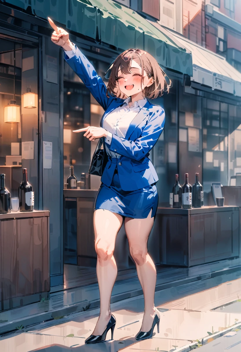 masterpiece, best quality, very aesthetic, absurdres, newest, 1girl, solo, asymmetrical bangs, blush, smile, short hair, open mouth, skirt, outdoors, brown hair, shirt, long sleeves, street, holding, standing, jacket, full body, white shirt, collared shirt, black footwear, arm up, high heels, blue skirt, formal, bottle, suit, pointing, blue jacket, alcohol, pencil skirt, drunk, office lady, skirt suit, sake bottle