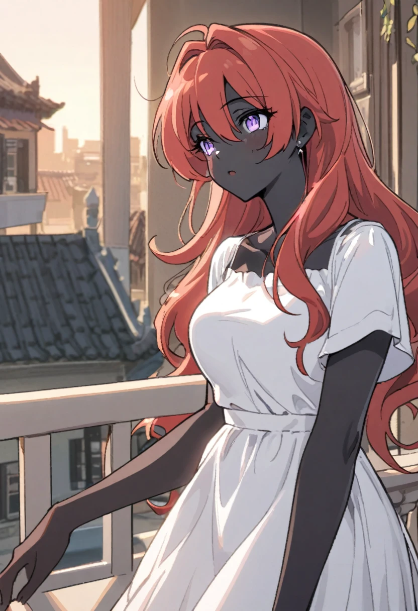 a girl with red hair black skin and light purple eyes is up top of a balcony wearing a white dress . Manhwa style.