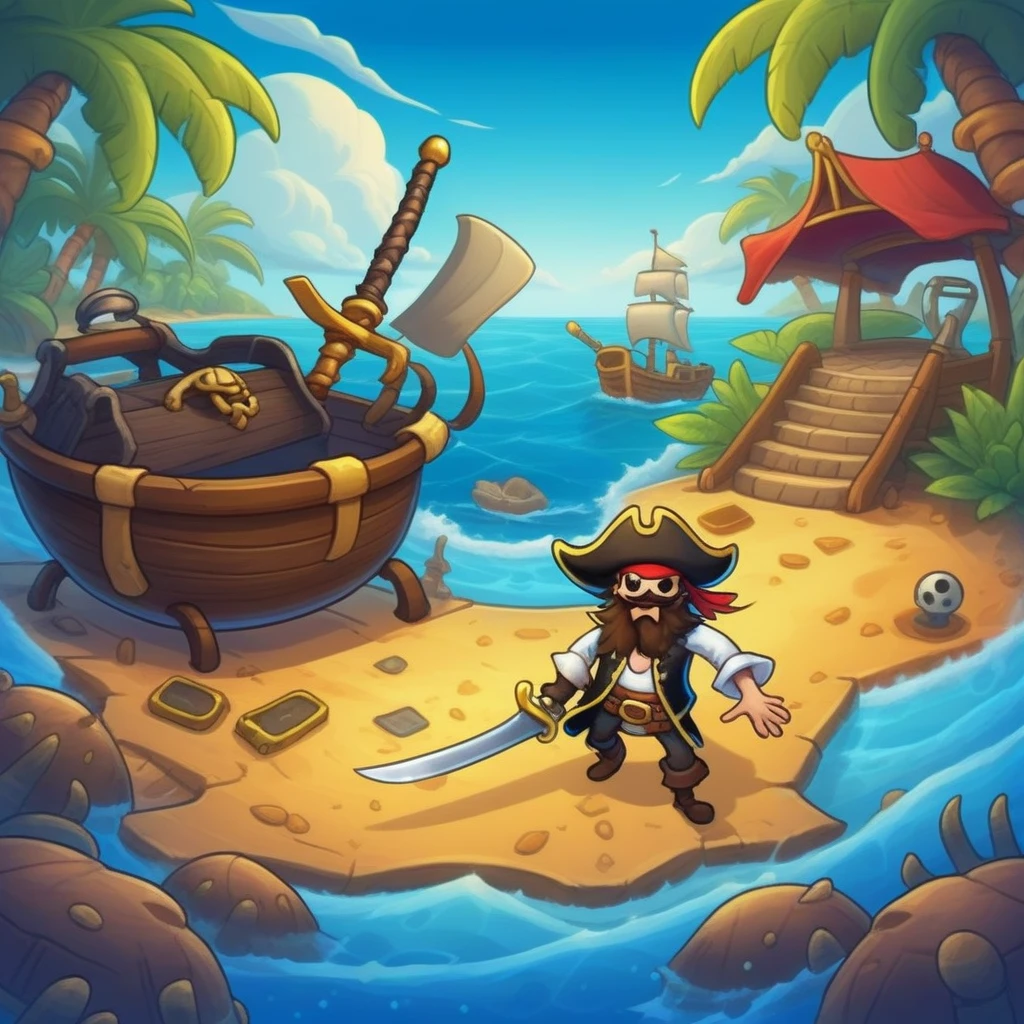 pirate sword game item , mobile game art, banner, detailed game art, stylized game art, game illustration, splash screen art, full card design, wallpaper!, extended art, saturated colorful