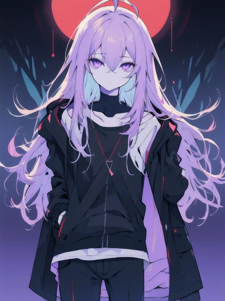 ((masterpiece)), (best quality), ((highres)), 4K, Detailed, (Ambient Light, Digital Art, Soft Lighting, extremely detailed 8K wallpaper:1.2), BREAK 1girl, solo, pale skin, violet eyes, violet hair, ahoge, (absurdly long hair:1.1), flat chest, black jacket, pants, shirt, night, hand in pocket, looking at viewer, hair between eyes, expressionless, rtx, black medical mask