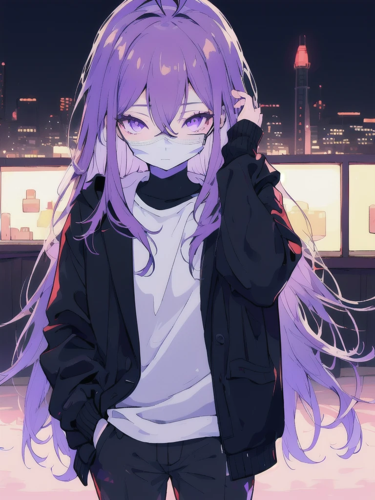 ((masterpiece)), (best quality), ((highres)), 4K, Detailed, (Ambient Light, Digital Art, Soft Lighting, extremely detailed 8K wallpaper:1.2), BREAK 1girl, solo, pale skin, violet eyes, violet hair, ahoge, (absurdly long hair:1.1), flat chest, black jacket, pants, shirt, night, hand in pocket, looking at viewer, hair between eyes, expressionless, rtx, black medical mask