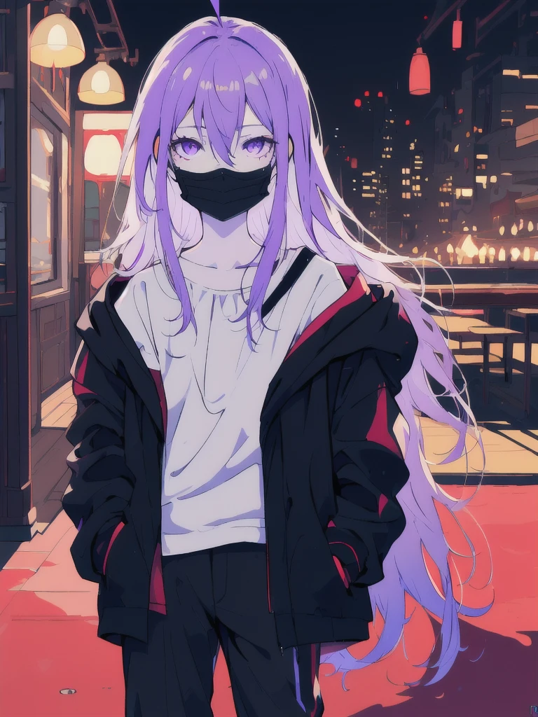 ((masterpiece)), (best quality), ((highres)), 4K, Detailed, (Ambient Light, Digital Art, Soft Lighting, extremely detailed 8K wallpaper:1.2), BREAK 1girl, solo, pale skin, violet eyes, violet hair, ahoge, (absurdly long hair:1.1), flat chest, black jacket, pants, shirt, night, hand in pocket, looking at viewer, hair between eyes, expressionless, rtx, black medical mask