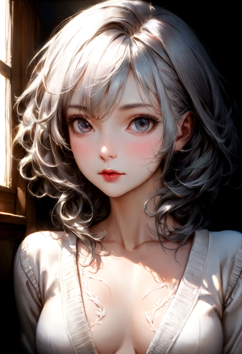 head of'artwork, best quality, Ultra haute résolution (realism: 1.4), photo originale, objectif 35 mm, ouverture F1.4, Affiche de film, Light and shadow, Une fille, In white cardigan, longs cheveux noirs, real skin, (skin detail: 1.3),