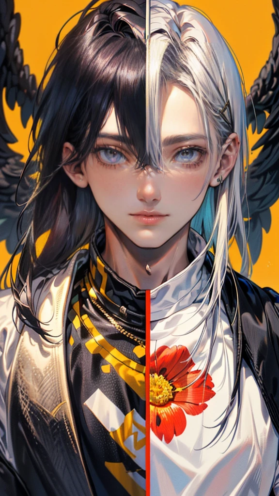 (8K, hight resolution, ultra-detailliert), (A piece of work), (best quality), Each item is very good., ((two men:1.5)), perfect face, Beautiful face, Each item is very good.な顔，(black haired man:1.3)，(man with colored hair:1.3)，suit，t shirt，smile，flower,mental disorder,t