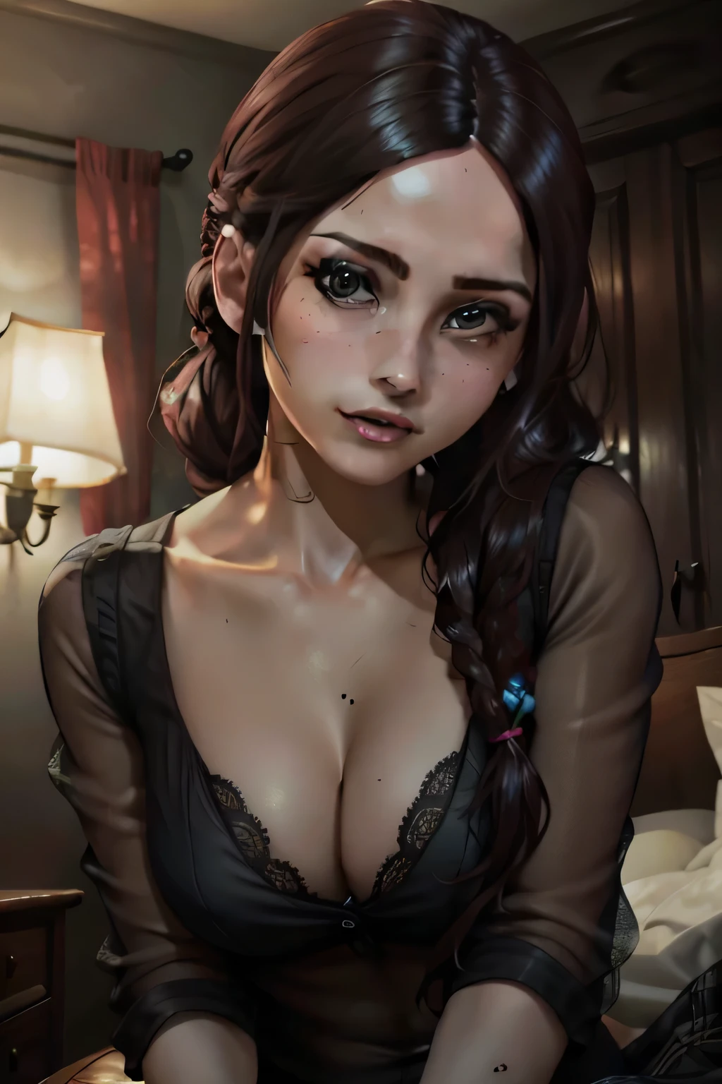 Amazing portrait of a sexy woman with her black hair tied in a braid and a beautiful fair toned face with amazing eyes and her perfect lips parted with blush on her cheeks with a flustered yet lustful expression on her face wearing a black blouse paired with a sheer floral blue saree in a bedroom at night time