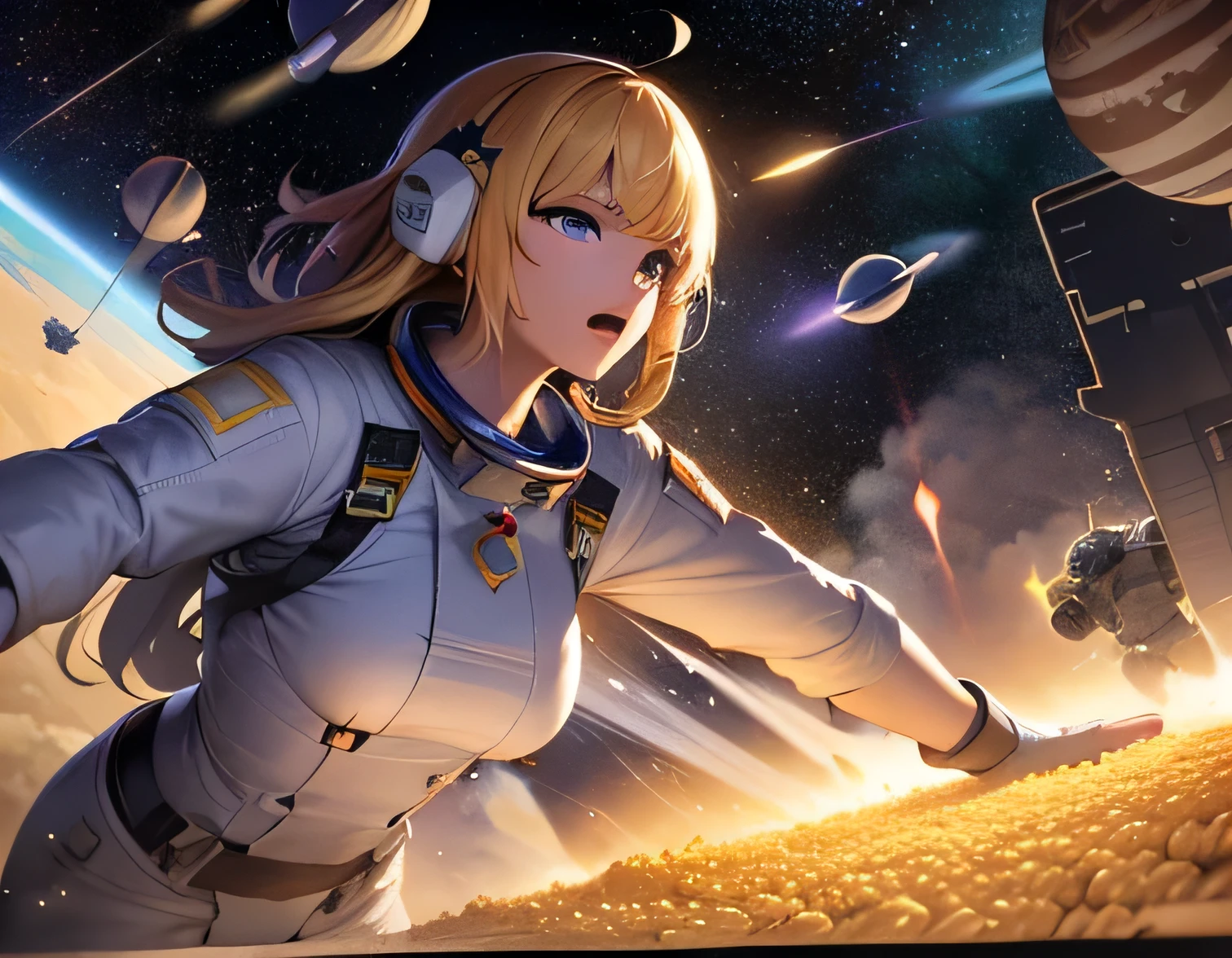 ((masterpiece)), ((best quality)), (ultra-detailed), ((extremely detailed)), 4K, (8K), best quality, perfect anatomy, (((beautiful detailed eyes))), (((world-class quality))), realistic, extremely detailed, high resolution, (Space War/Space War/Space War),( RICE Army vs. Noodles Allied Forces:1.5),The battle between the  Rice. military and the Noodles Allied Forces was extremely fierce, and in the midst of the fierce battle, the battlefield was in a stalemate...,Destruction and rebirth, the mystery of space, and destroyed tableware floating in outer space.,(A futile fight, a useless fight),(outer space zone:1.5),(zero gravity:1.5)