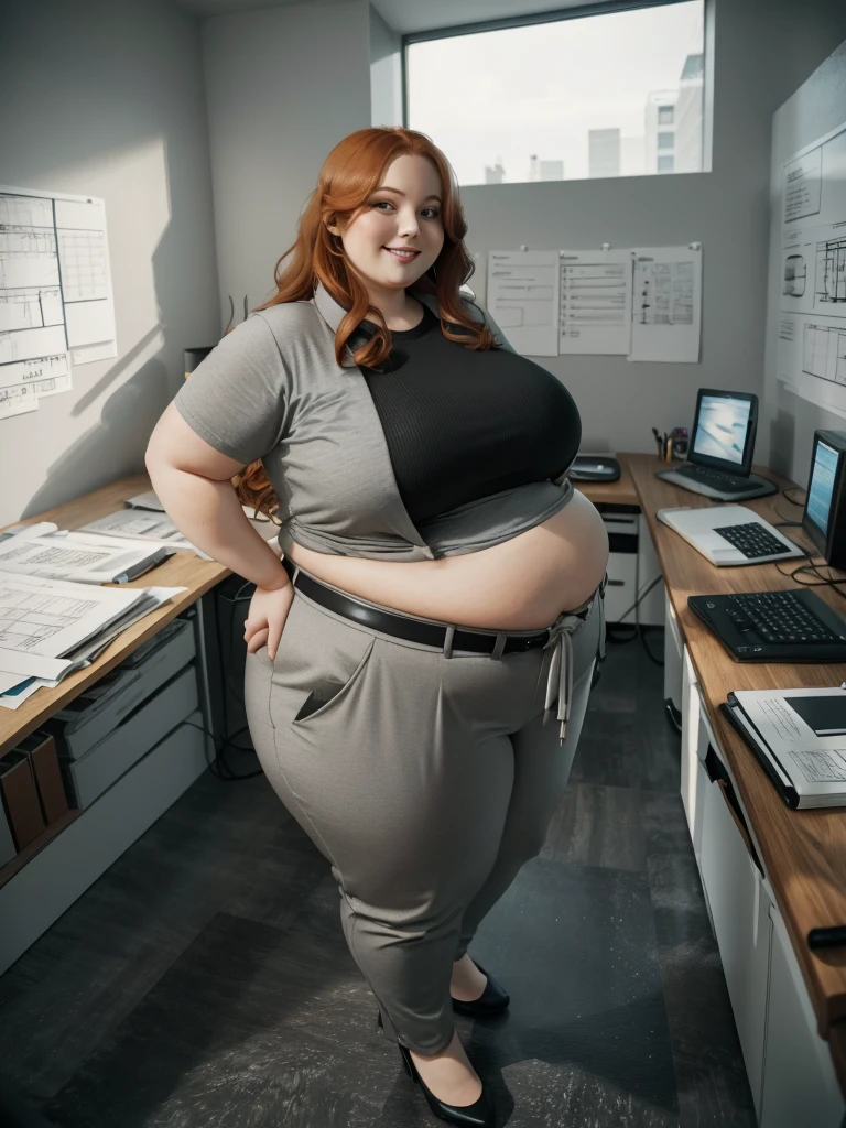 A happy and excited photo of a Beautiful ginger architect SSBBW, with long wavy light Brownish-ginger hair, with big soft fat belly, thicc fat arms, thicc wide legs, big breast, in long gray pants, long black shirt tucked in her pants, black belt, blach elegant shoes in her new modern architect office with a lot of building models and house blueprints, building blueprints on walls, huge window