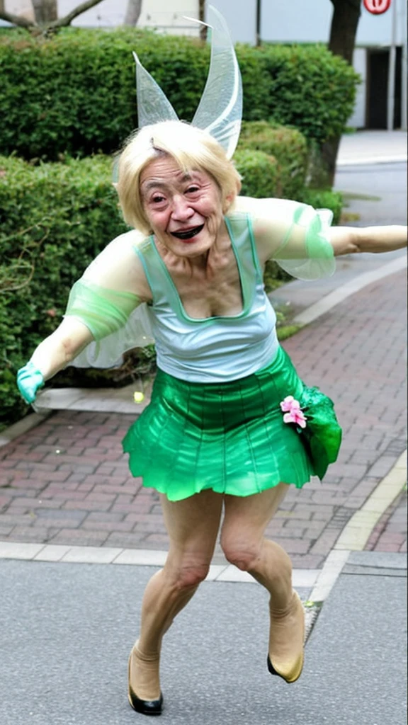 Tinkerbell costume, Japanese woman, ugly, old woman, flying, 60 years old