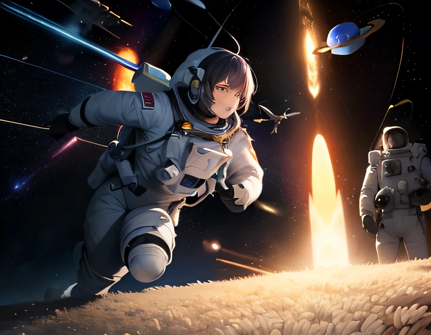 ((masterpiece)), ((best quality)), (ultra-detailed), ((extremely detailed)), 4K, (8K), best quality, perfect anatomy, (((beautiful detailed eyes))), (((world-class quality))), realistic, extremely detailed, high resolution, (Space War/Space War/Space War:1.5),( RICE Army vs. Noodles Allied Forces:1.5),The battle between the  Rice. military and the Noodles Allied Forces was extremely fierce, and in the midst of the fierce battle, the battlefield was in a stalemate...,Destruction and rebirth, the mystery of space, and destroyed tableware floating in outer space.,(A futile fight, a useless fight),(outer space zone:1.5),(zero gravity:1.5),Mutual claims, irreconcilable conclusions