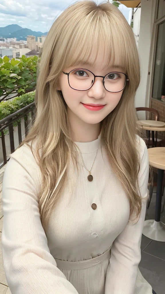 masterpiece、4K、Looking into the camera、Take a selfie from the front、(Cute smile 1.6)Close-up shot、18-year-old female、Light blonde、With bangs、⦅Loose and fluffy hair⦆、Fashion Model、Cafe Terrace、Instagram、Cute Woman、Wearing glasses