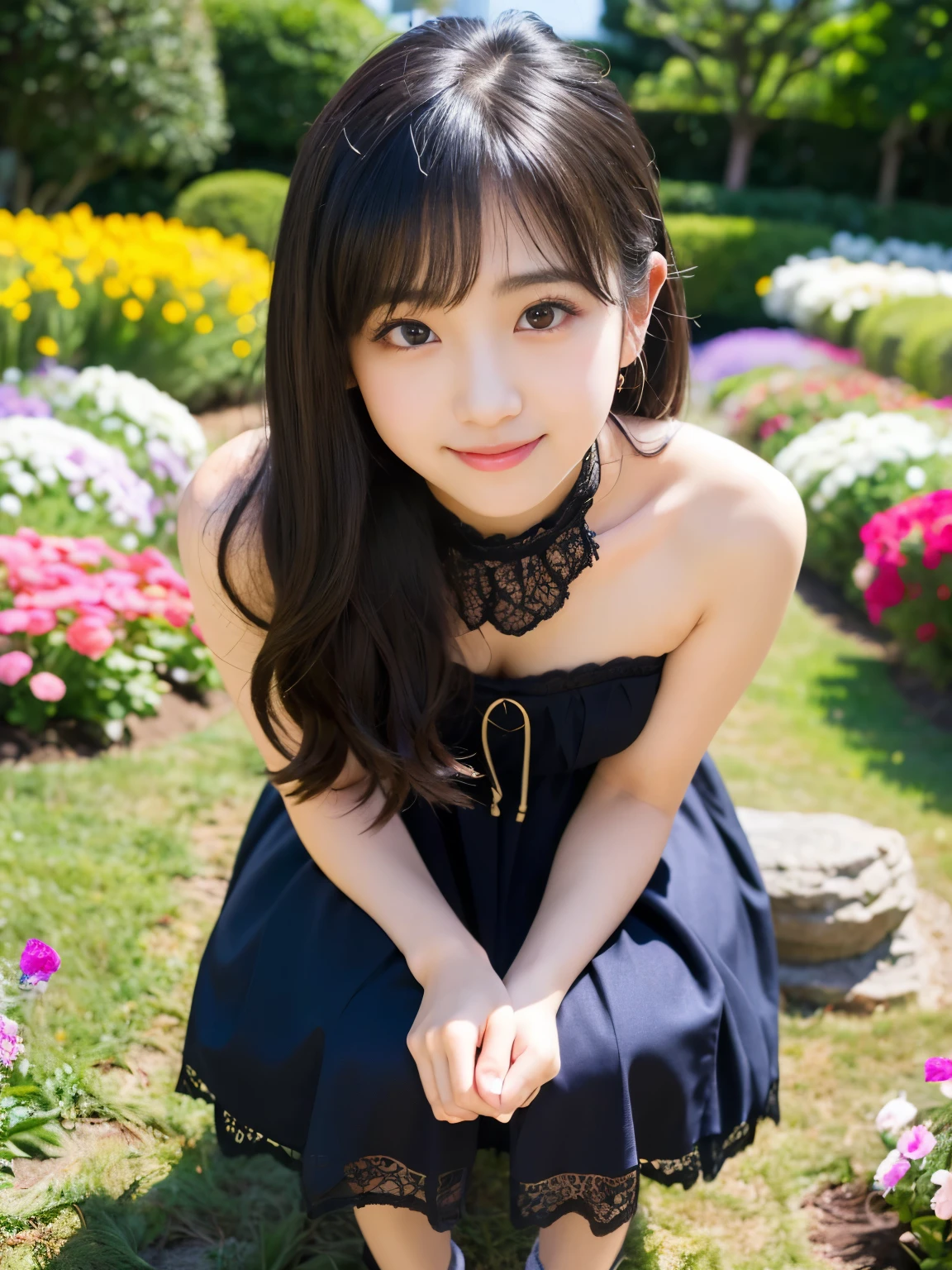 (Best-quality, Masterpiece, Ultra-High-Resolution, (Photorealistic:1.4), Raw Photo, depth of field, professional lighting, perfect anatomy, extremely details), 1girl, -yeld, thost famous Japanese idol, (((at flower garden, booty pose, from above))), ((wearing extremely-cute-lacy-dress)), (extremely cute and extremely childish face like the most popular Japanese idol,((extremely cute and extremely big eyes)), extremely beautiful black-long-hair, ((extremely beautiful skins)), extremely cute long-eyelashes, extremely cute lips, extremely cute legs), ((innocent smile))