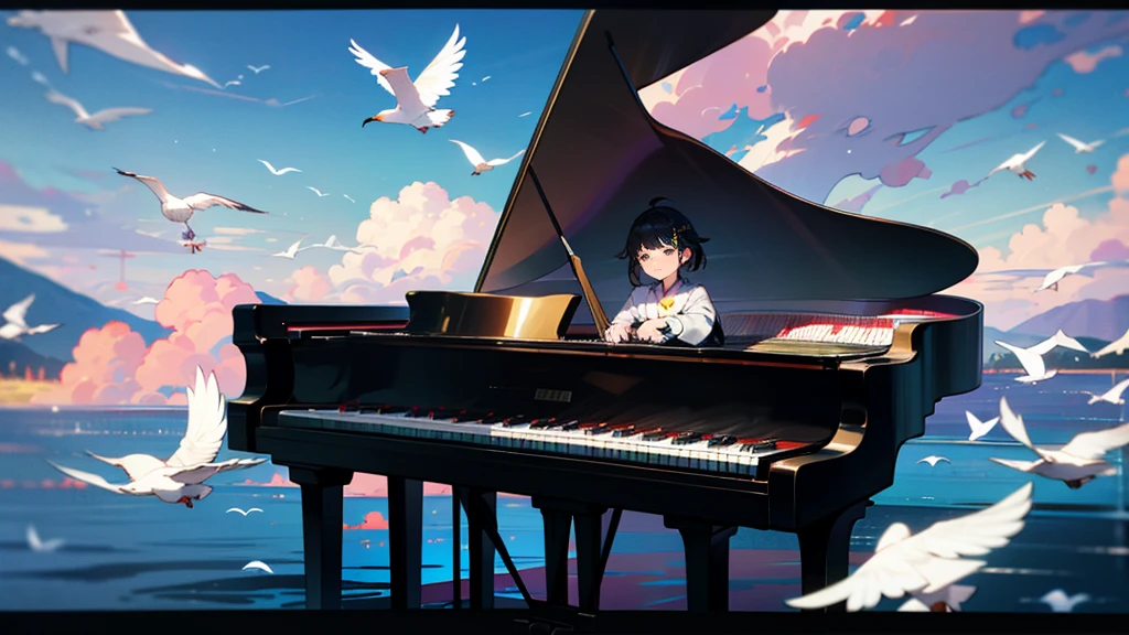 青空とcloudに囲まれた幻想的なシーンが描かれています。 There is a black piano in the center of the screen.、There are two men and two women、Man playing piano、A woman playing the violin、Both are students、Young people、youth、White birds are flying in the background、The ground is covered with water.、It&#39;s so beautiful, like a mirror.。Highly detailed CG Unity 8k wallpaper、Cinematic lighting、Lens flare、Beautiful detailed eyes、landscape、Ultra HD、cloud、8K quality、Ultra Sharp、Real Light、Surreal、