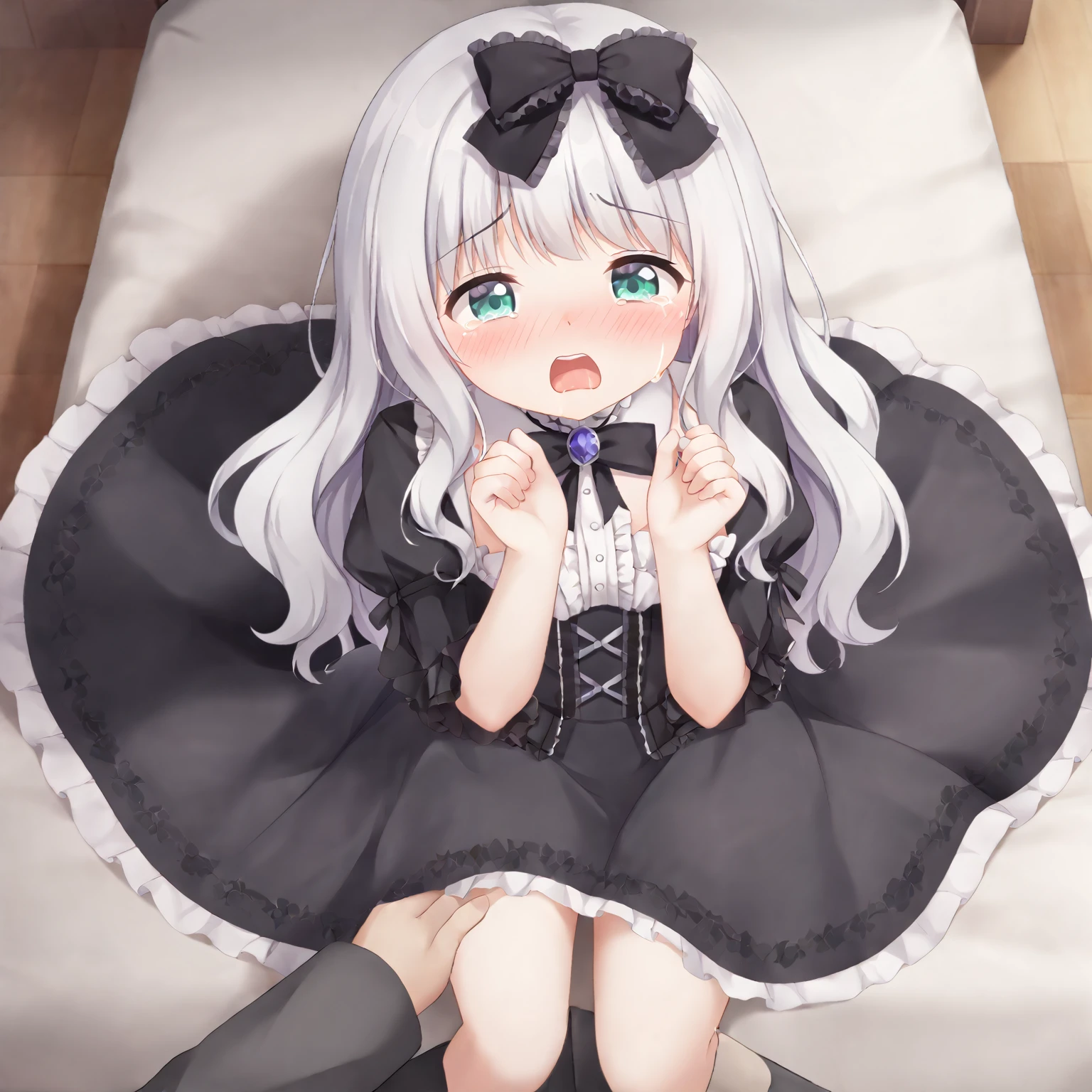 Cute beautiful girl、Raise your chin and look upwards、Embarrassing blush、Screaming and crying、Gothic ta Lingerie、Wavy Hair、From above、