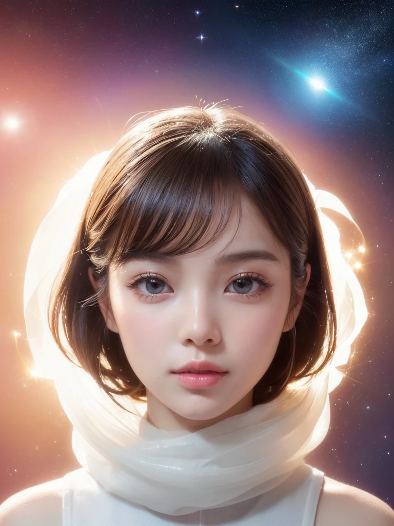 (In 8K, Highest quality, Tabletop, Ultra-high resolution, Beautiful and beautiful, High quality face:1.5), (Lots of details), (Android in the form of a girl:1.3),(Realistic:1.4) (View diagonally:1.6), (Very white skin, Clear skin, Glowing Skin:1.4), Pin Spot Light, (The eyes are connected to the universe through high-performance lens eyes.　Long eyelashes:1.5), Shiny, wig hair, Duck mouth, Glossy secret lip, Chunky, de luz, cute, refresh, ((Wrapped in pure white light　Wear the light　transparent)), (Japanese), Digital Art, Lighting by world-class AI creators, Shippo Color, dream-like, Interior of the planet, Different space, Light and deep texture