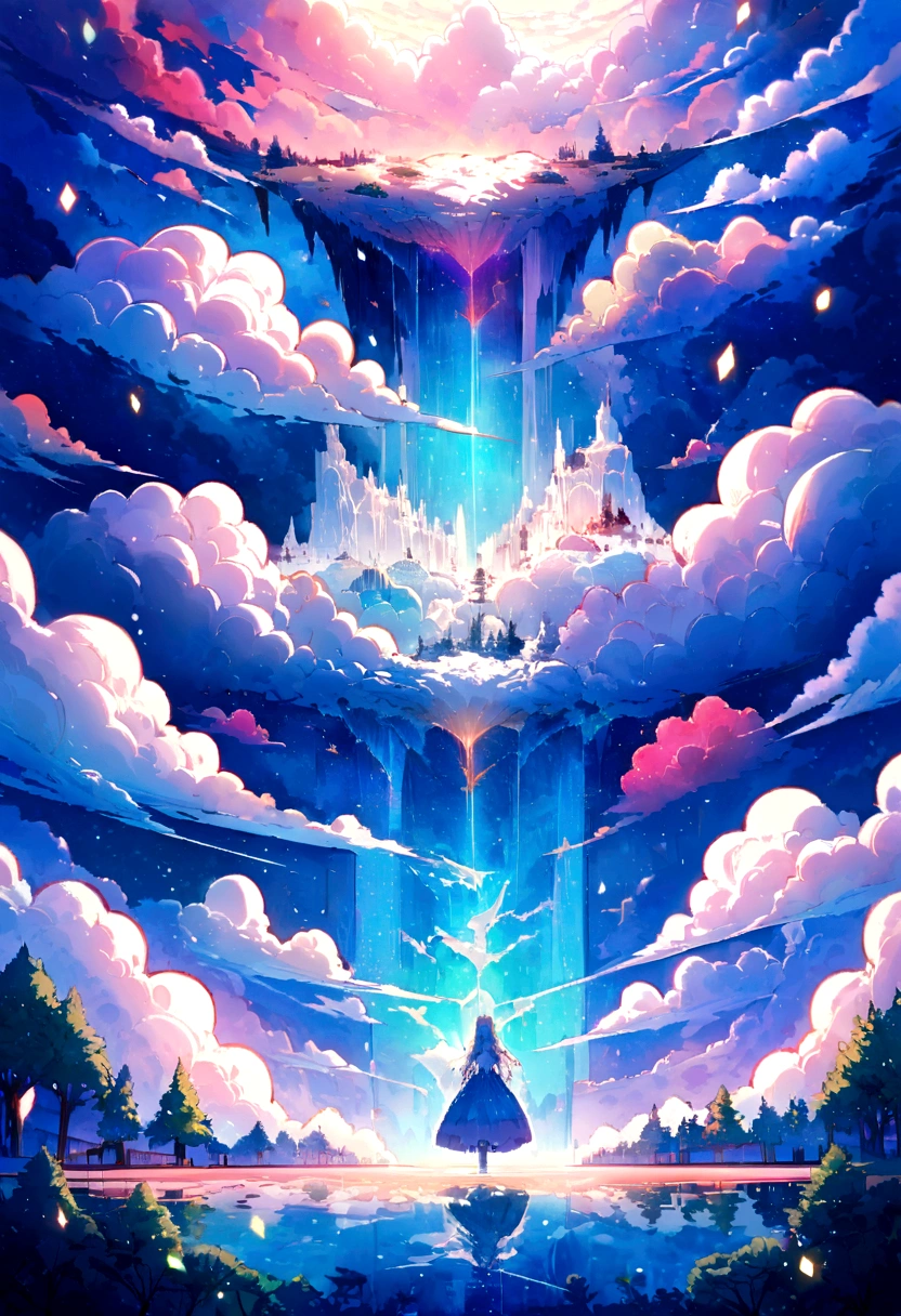 [A stylized podcast microphone] in the center of the image, visible from the base to the top of the microphone. A large, fluffy white cloud emerges from the top of the microphone and expands upward. Inside the cloud, there are various dream worlds, come:

(A fantastic landscape) with floating mountains, waterfalls cascading into nothingness, and trees with bright leaves of iridescent colors.