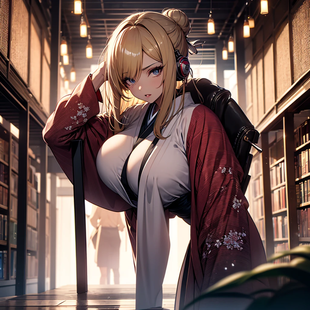 (1girl:1.3), Masterpiece, Best quality, amazing beauty, [[3D]], 4K, absurdres, finely detail, super detailed eye, perfect anatomy, official art, cinematic lighting, BREAK, Library, silky long hair, hair bun, blonde, super shiny detailed black eye, big eyes, sparkle(in the eyes), thick eyebrow, Gazing into the Distance, close-mouth, plump lips, Mascara, False eyelashes, pink lips, eyewear, Looks like fun, BREAK , big breasts, tall, slender, fair skin, sitting chair, full body, from side, BREAK , She has headphones on, BREAK,(kimono:1.3)