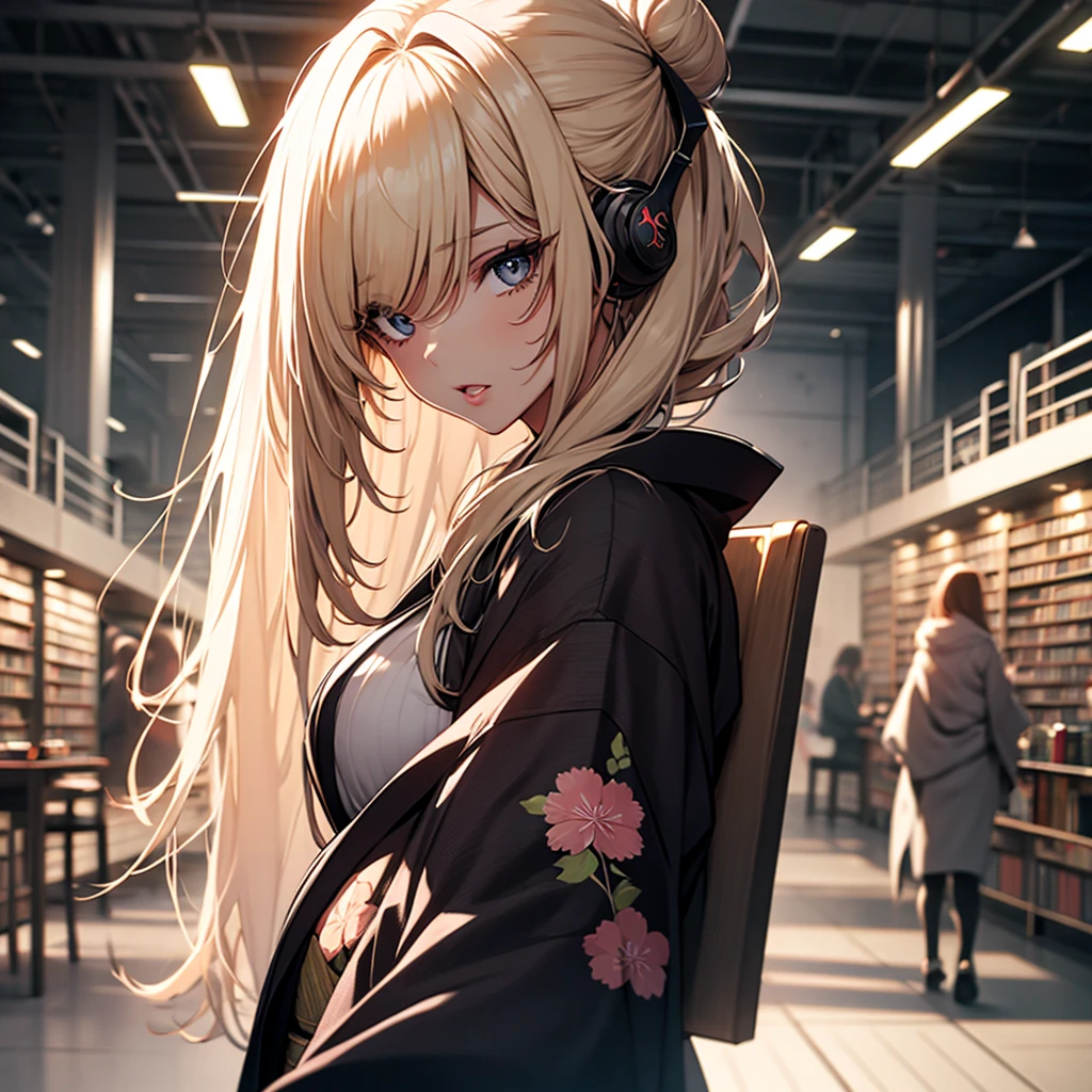(1girl:1.3), Masterpiece, Best quality, amazing beauty, [[3D]], 4K, absurdres, finely detail, super detailed eye, perfect anatomy, official art, cinematic lighting, BREAK, Library, silky long hair, hair bun, blonde, super shiny detailed black eye, big eyes, sparkle(in the eyes), thick eyebrow, Gazing into the Distance, close-mouth, plump lips, Mascara, False eyelashes, pink lips, eyewear, Looks like fun, BREAK , big breasts, tall, slender, fair skin, sitting chair, full body, from side, BREAK , She has headphones on, BREAK,(kimono:1.3)