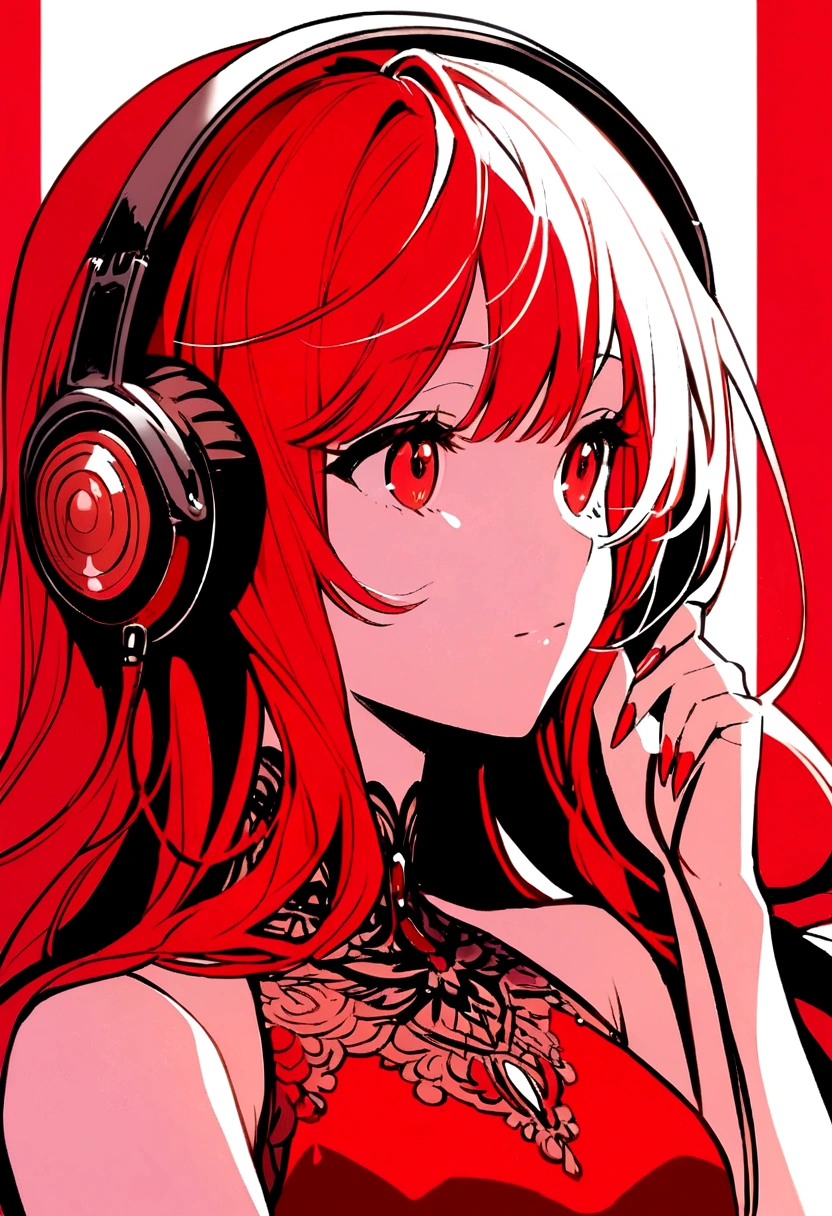 anime girl in red theme listening music 