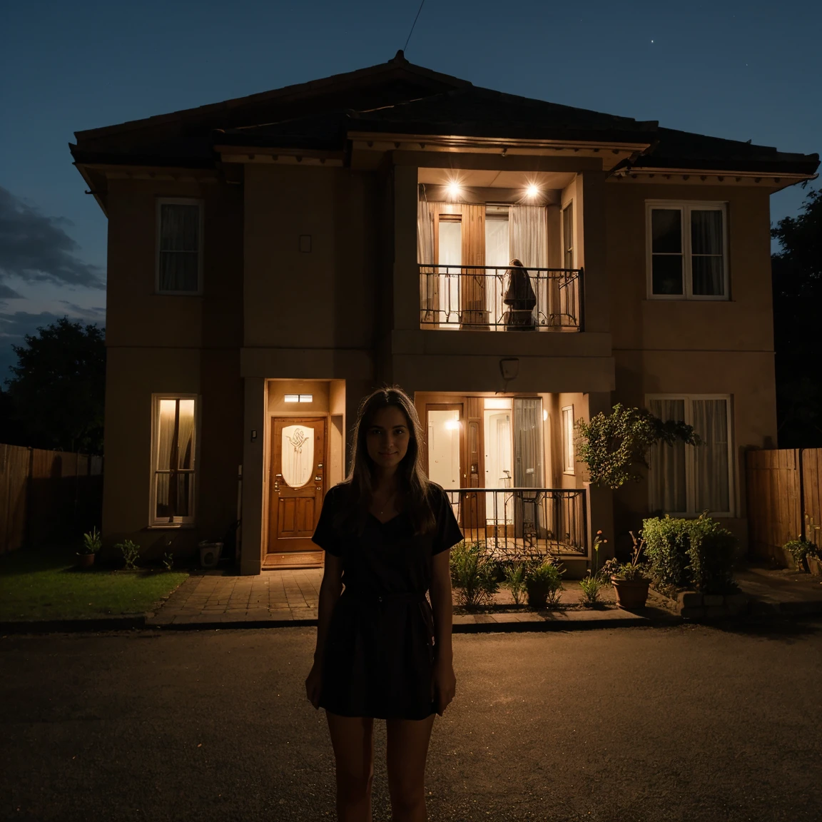 Lucie in front of house at night
