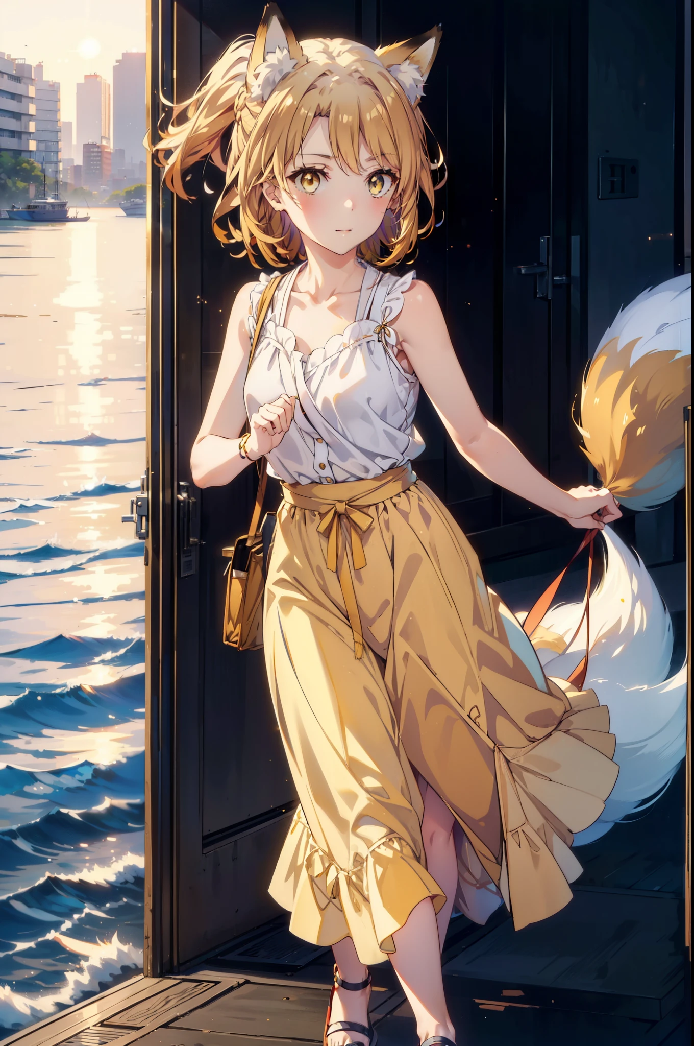 Irohaisshiki, isshiki iroha,Short Hair, Brown Hair, (Brown eyes:1.5), happy smile, smile, Open your mouth,animal(Fox Ears,Fox tail),Yellow sleeveless dress,Yellow long skirt,Cute Sandals,Carrier,background（Ships at anchor）,port,My hair is blowing in the wind,Holding her hair with her right hand,whole bodyがイラストに入るように,Are standing,morning,morning陽,The sun is rising,Cruise,
break outdoors, port,Ocean,
break looking at viewer,whole body,
break (masterpiece:1.2), Highest quality, High resolution, unity 8k wallpaper, (shape:0.8), (Beautiful and beautiful eyes:1.6), Highly detailed face, Perfect lighting, Highly detailed CG, (Perfect hands, Perfect Anatomy),