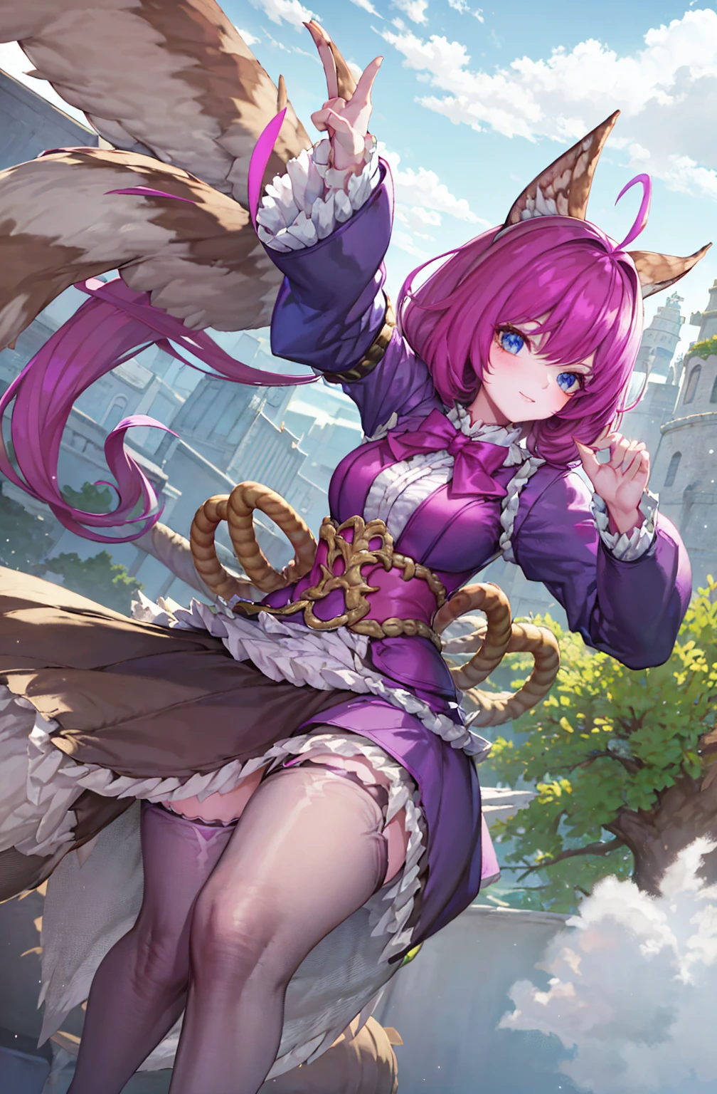 (detailed background), masterpiece, best quality, Mobile_Legends_Alice, blunt_bangs, thigh_highs, pink_eyes,
 (Realistic painting style:0.9), masterpiece, ((Best quality)), absurdres, looking at viewer, no pupils,(( detailed eyes)), alternate costume, 1girl, , golden eyes, solo,white hair , black hair, multicolor hair, bow, purple bow, shirt, white shirt, looking at viewer, bangs, skirt, blue eyes, bowtie, multicolored hair, long hair, frills,
blush,collared shirt, black bowtie, hair bow, standing, black skirt, bow-shaped hair, blunt bangs, smile, sidelocks, blue bow, shirt tucked in, sleeves rolled up, center frills, gradient hair, dress shirt, light particles, blue hair, big breasts ,twintail, gothic clothing, gothic dress, mini skirt, outdoor, castle, cloud, multicolor clothing, gothic apron, garden flower,  cute face, wielding a katana, gothic ****ta, 