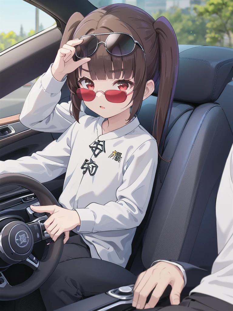 In the car,Convertible,Sitting,((Behind the wheel of a car)),Looking Ahead,driving,1 Girl, 独奏, Red eyes,((Wearing sunglasses)),, Twin tails, brown hair,crawling,((顔 focus)),upper body,White long sleeve shirt,Grey slacks, bangs, eyebrows visible through hair, Flat Chest,