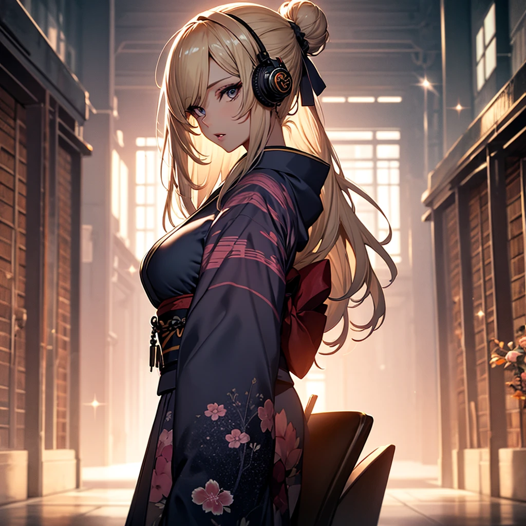(1girl:1.3), Masterpiece, Best quality, amazing beauty, [[3D]], 4K, absurdres, finely detail, super detailed eye, perfect anatomy, official art, cinematic lighting, BREAK, Library, silky long hair, hair bun, blonde, super shiny detailed black eye, big eyes, sparkle(in the eyes), thick eyebrow, Gazing into the Distance, close-mouth, plump lips, Mascara, False eyelashes, pink lips, eyewear, Looks like fun, BREAK , big breasts, tall, slender, fair skin, sitting chair, full body, from side, BREAK , She has headphones on, BREAK,(kimono:1.3)