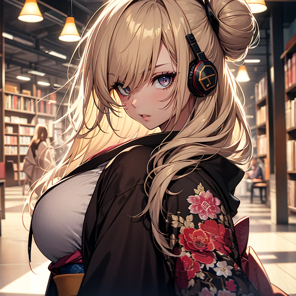 (1girl:1.3), Masterpiece, Best quality, amazing beauty, [[3D]], 4K, absurdres, finely detail, super detailed eye, perfect anatomy, official art, cinematic lighting, BREAK, Library, silky long hair, hair bun, blonde, super shiny detailed black eye, big eyes, sparkle(in the eyes), thick eyebrow, Gazing into the Distance, close-mouth, plump lips, Mascara, False eyelashes, pink lips, eyewear, Looks like fun, BREAK , big breasts, tall, slender, fair skin, sitting chair, full body, from side, BREAK , She has headphones on, BREAK,(kimono:1.3)