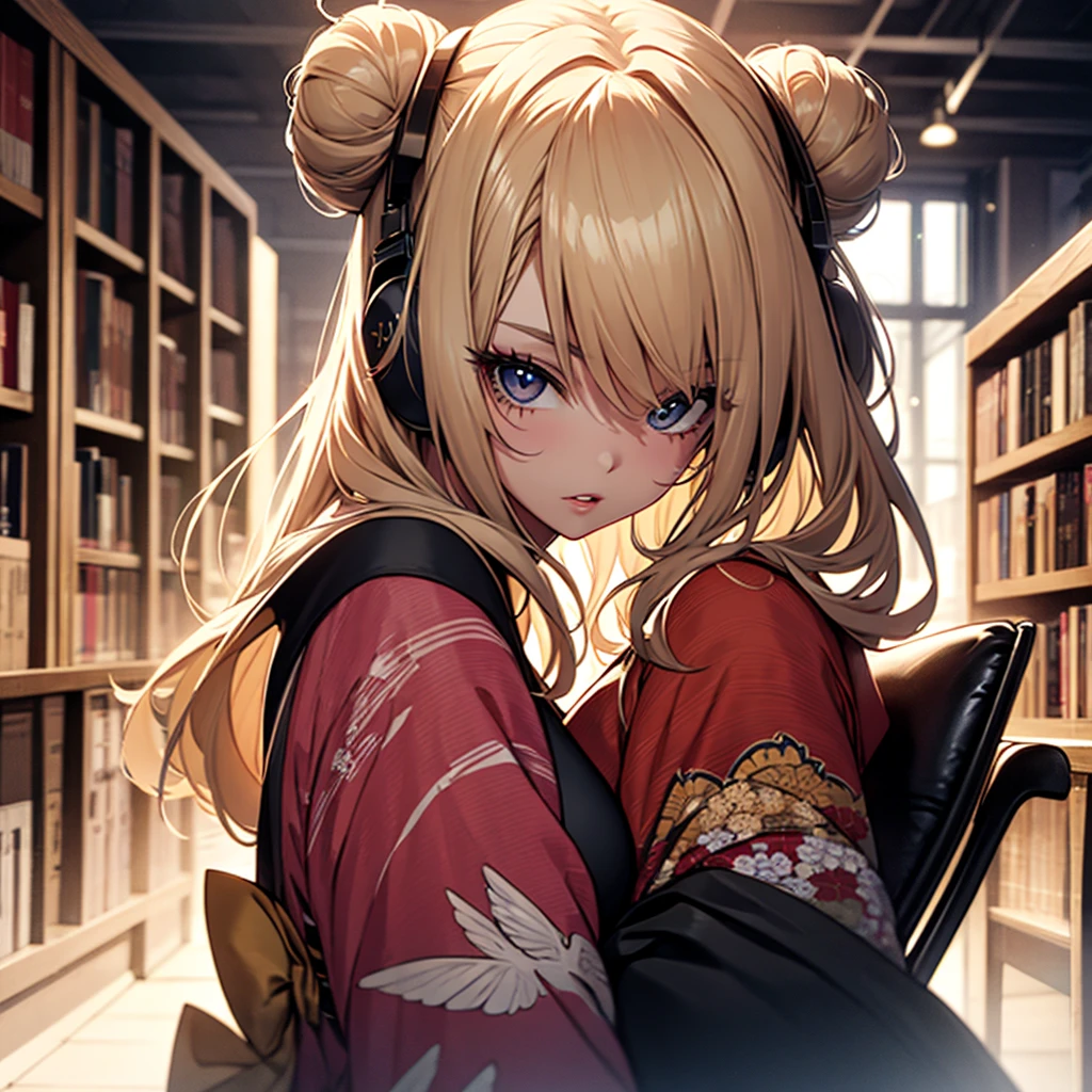 (1girl:1.3), Masterpiece, Best quality, amazing beauty, [[3D]], 4K, absurdres, finely detail, super detailed eye, perfect anatomy, official art, cinematic lighting, BREAK, Library, silky long hair, hair bun, blonde, super shiny detailed black eye, big eyes, sparkle(in the eyes), thick eyebrow, Gazing into the Distance, close-mouth, plump lips, Mascara, False eyelashes, pink lips, eyewear, Looks like fun, BREAK , big breasts, tall, slender, fair skin, sitting chair, full body, from front, BREAK , She has headphones on, BREAK,(kimono:1.3)Lo-fi,メガネ