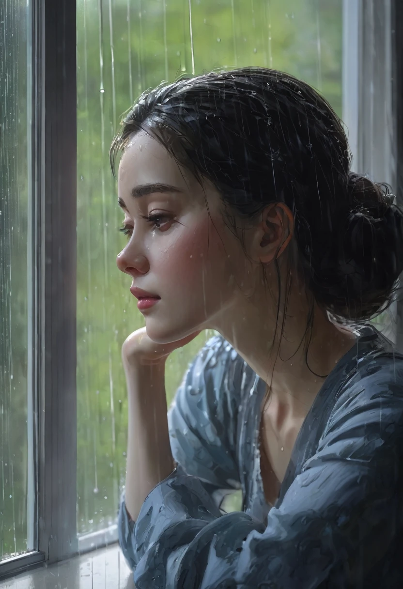 masterpiece, high-quality, a beautiful woman, resting her chin on her hands and looking out the window, humid and sweating, listless look, a little dark room, It's raining outside the window