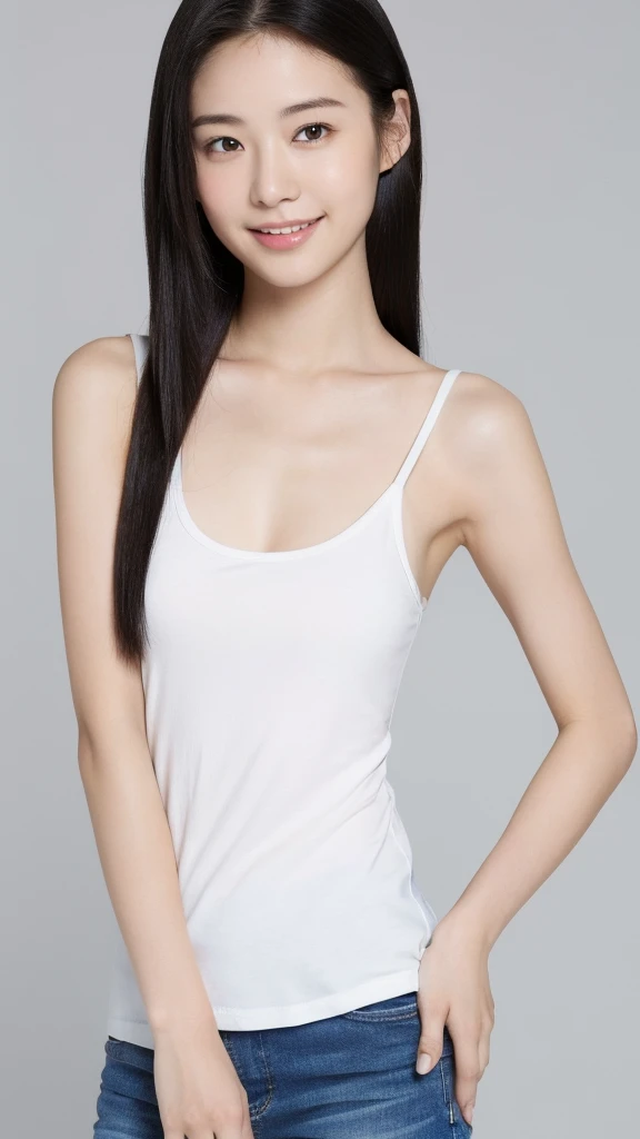 （real， High resolution：1.3）， One girl with a perfect body， Very beautiful face and eyes，Long black hair， smile,　White tank top：1.2， Short jeans，22 years old,Japanese,cute,Japaneseのかわいらしい女の子,Simple Background,high resolution,