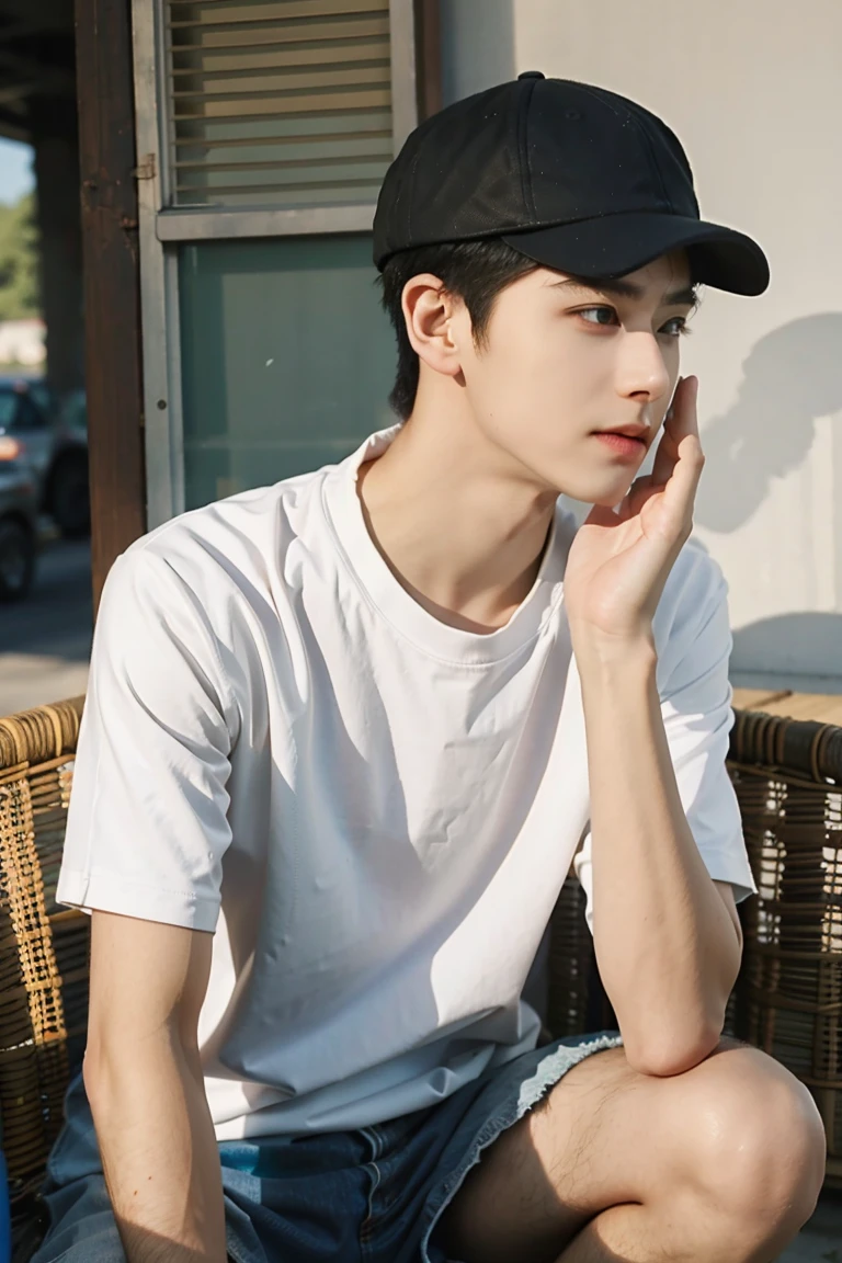 Nansheng,One boy,alone,Male Focus,,Day,Realistic,shirt,Grass,Upper Body, Tshirt,Mouth closed,(Best Shadow),Complex, bright, Lens Distortion Correction，(Best Shadow),Complex, bright, Lens Distortion Correction、sitting in a cafe、profile、Face down、Wearing a cap