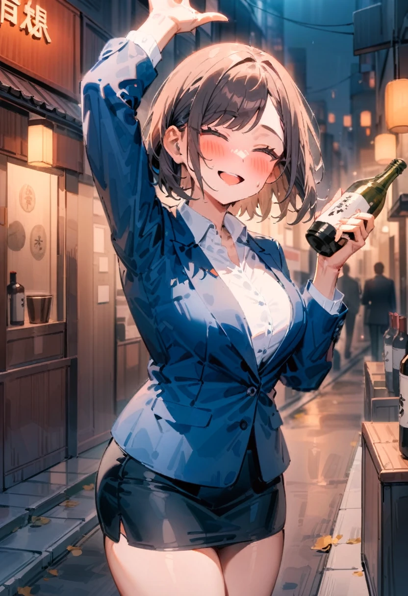 masterpiece, best quality, very aesthetic, absurdres, newest, 1girl, solo, asymmetrical bangs, blush, smile, short hair, open mouth, skirt, outdoors, brown hair, shirt, long sleeves, nights, street, holding a bottle, standing, jacket, upper body, white shirt, collared shirt, black footwear, arm up, high heels, blue skirt, formal, bottle, suit, pointing, blue jacket, alcohol, pencil skirt, drunk, office lady, skirt suit, sake bottle