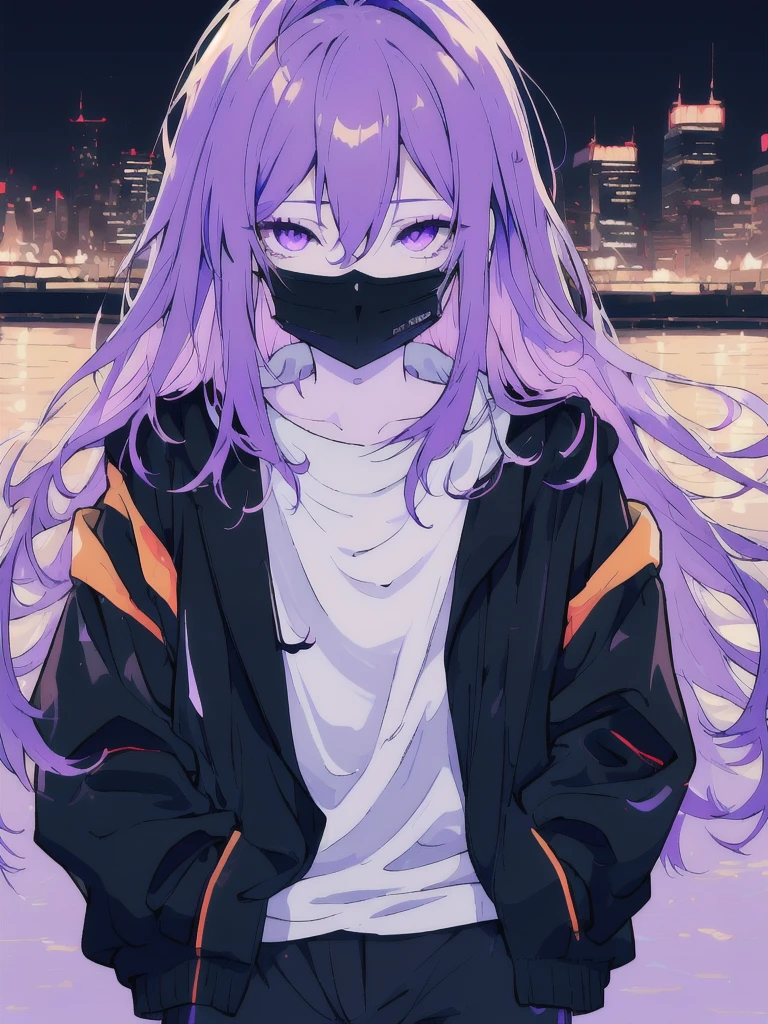 ((masterpiece)), (best quality), ((highres)), 4K, Detailed, (Ambient Light, Digital Art, Soft Lighting, extremely detailed 8K wallpaper:1.2), BREAK 1girl, solo, pale skin, violet eyes, violet hair, ahoge, (absurdly long hair:1.1), flat chest, black jacket, pants, shirt, night, hand in pocket, looking at viewer, hair between eyes, expressionless, rtx, black medical mask