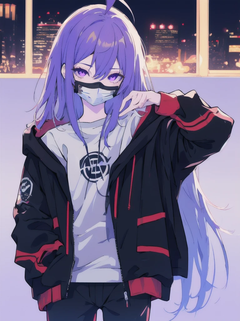 ((masterpiece)), (best quality), ((highres)), 4K, Detailed, (Ambient Light, Digital Art, Soft Lighting, extremely detailed 8K wallpaper:1.2), BREAK 1girl, solo, pale skin, violet eyes, violet hair, ahoge, (absurdly long hair:1.1), flat chest, black jacket, pants, shirt, night, hand in pocket, looking at viewer, hair between eyes, expressionless, rtx, black medical mask