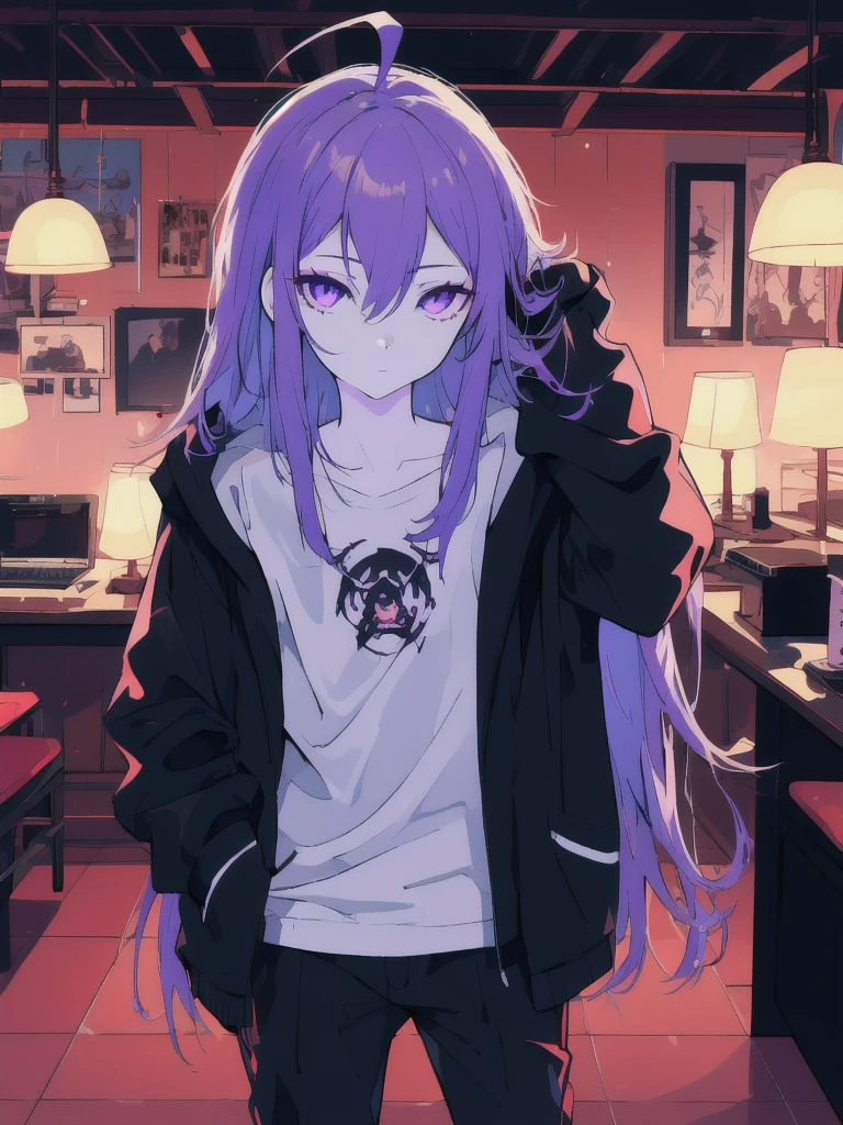 ((masterpiece)), (best quality), ((highres)), 4K, Detailed, (Ambient Light, Digital Art, Soft Lighting, extremely detailed 8K wallpaper:1.2), BREAK 1girl, solo, pale skin, violet eyes, violet hair, ahoge, (absurdly long hair:1.1), flat chest, black jacket, pants, shirt, night, hand in pocket, looking at viewer, hair between eyes, expressionless, rtx, black medical mask