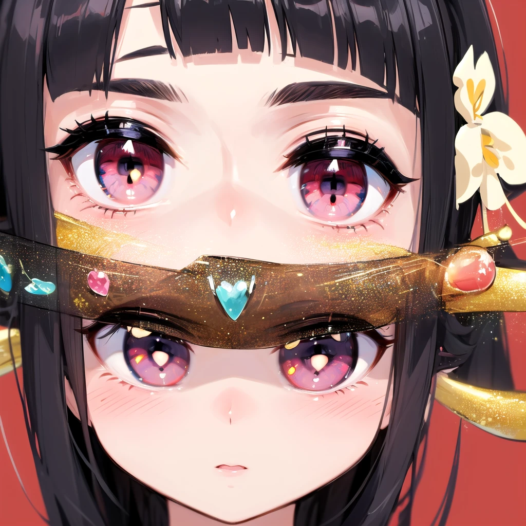 ((Highest quality)), ((masterpiece)), (detailed), Fine Lines, (Big eyes, Droopy eyes, Lower eyelid corners droop), (Black Hair, half twintail, Long Hair, blunt bangs), ribbon, Frills, Pastel feel, Face close-up, One girl,