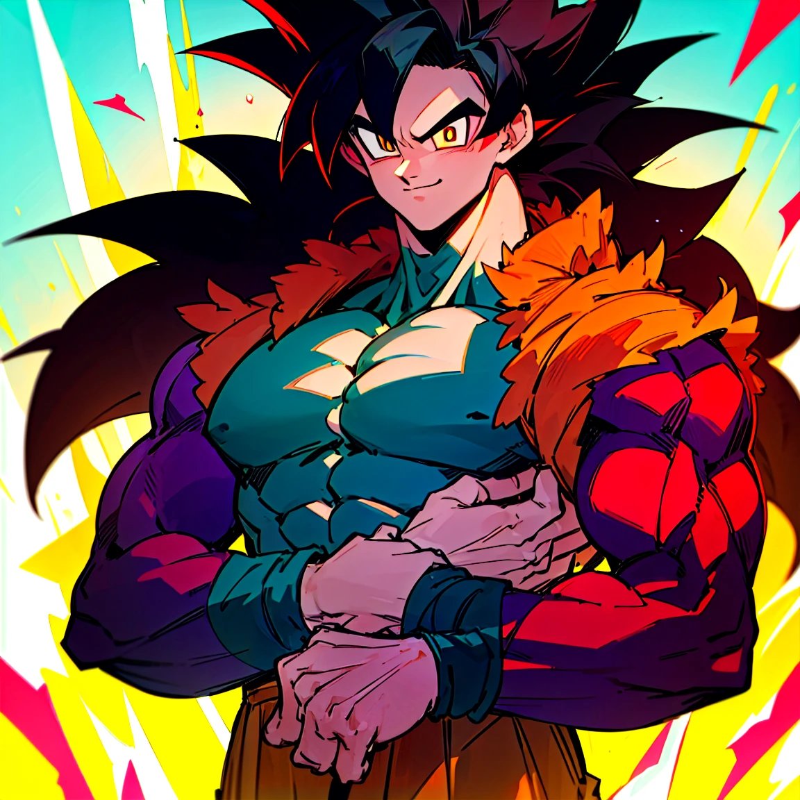 highres, HD quality, (best quality),((masterpiece)), vibrant colors, son goku, son goku gt,1boy,closed mouth, solo, super saiyan 4, dragon ball gt, yellow pants, black boots, blue ribbon, ((some red fur on arms and chest)), red saiyan tail, (very long hair), (red eyeliner),male focus, muscular, muscular male, pectorals, solo, spiked hair,((black hair)), (((pupils))),yellow eyes,standing,spiked hair, red aura, electricity, smile,upper body, PERFECT FACE, PERFECT HANDS
 Fight with giant ocean monster! 