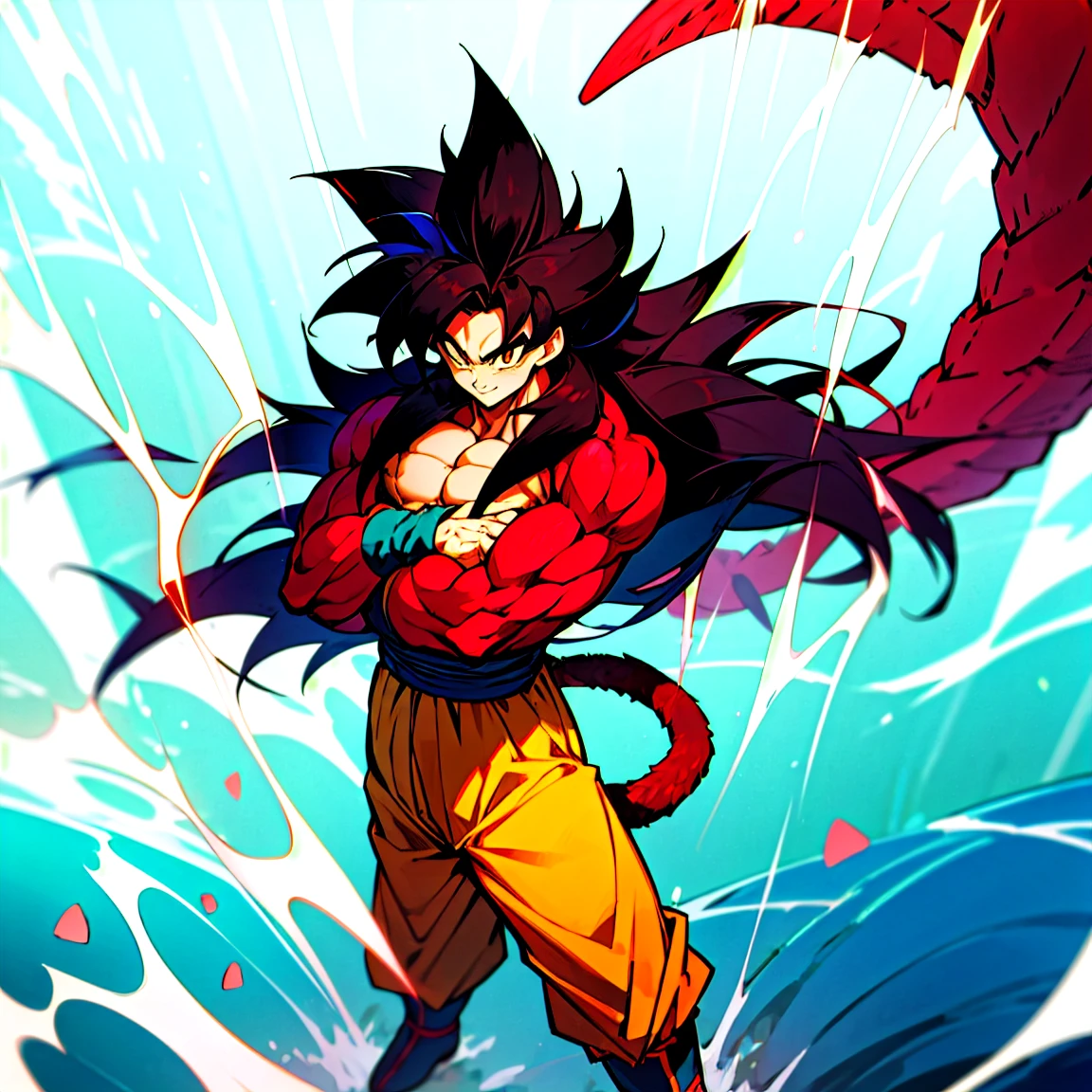 highres, HD quality, (best quality),((masterpiece)), vibrant colors, son goku, son goku gt,1boy,closed mouth, solo, super saiyan 4, dragon ball gt, yellow pants, black boots, blue ribbon, ((some red fur on arms and chest)), red saiyan tail, (very long hair), (red eyeliner),male focus, muscular, muscular male, pectorals, solo, spiked hair,((black hair)), (((pupils))),yellow eyes,standing,spiked hair, red aura, electricity, smile,upper body, PERFECT FACE, PERFECT HANDS
 Fight with giant ocean monster! 