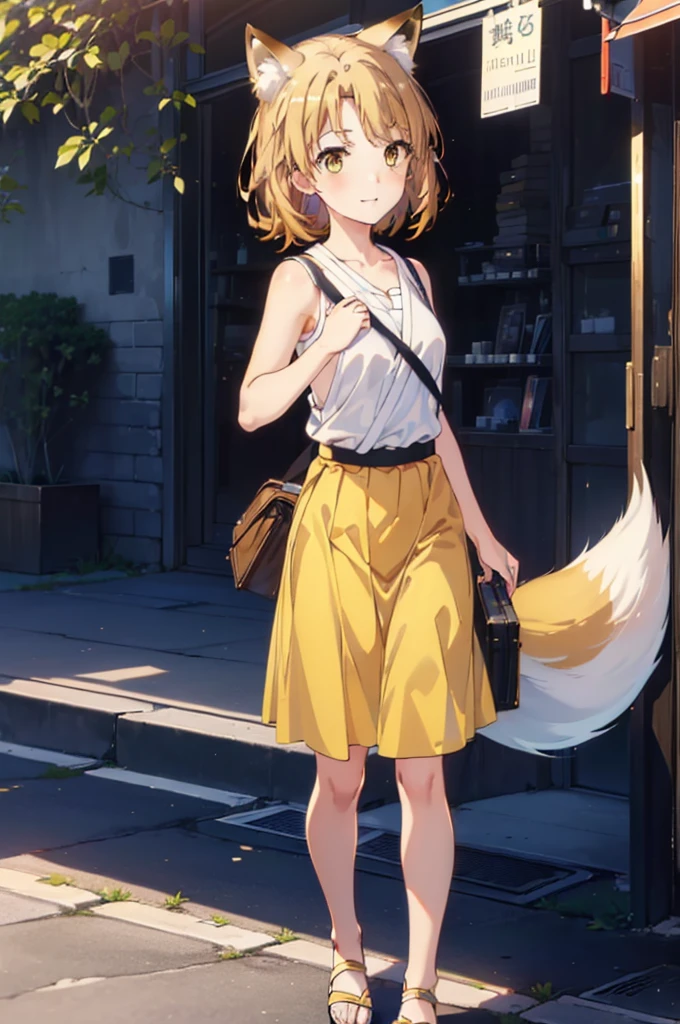 Irohaisshiki, isshiki iroha,Short Hair, Brown Hair, (Brown eyes:1.5), happy smile, smile, Open your mouth,animal(Fox Ears,Fox tail),Yellow sleeveless dress,Yellow long skirt,Cute Sandals,Push-type suitcase,background（Ships at anchor）,port,My hair is blowing in the wind,Holding her hair with her right hand,whole bodyがイラストに入るように,Are standing,morning,morning陽,The sun is rising,Cruise,
break outdoors, port,Ocean,
break looking at viewer,whole body,
break (masterpiece:1.2), Highest quality, High resolution, unity 8k wallpaper, (shape:0.8), (Beautiful and beautiful eyes:1.6), Highly detailed face, Perfect lighting, Highly detailed CG, (Perfect hands, Perfect Anatomy),