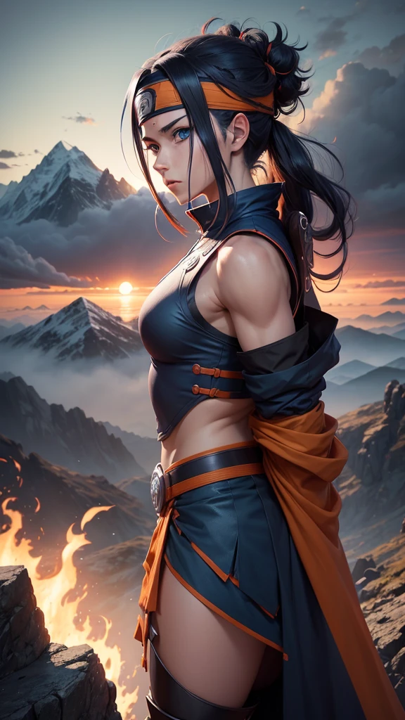 Naruto anime character, side view, standing pose, confident expression, piercing blue eyes, detailed facial features, hair, headband, orange and blue dark blue outfit, detailed folds and textures, dynamic pose, detailed background, scenic landscape, mountains in the distance, moonlight filtering through clouds, cinematic lighting, highly detailed, 8K, photorealistic, digital painting, concept art style